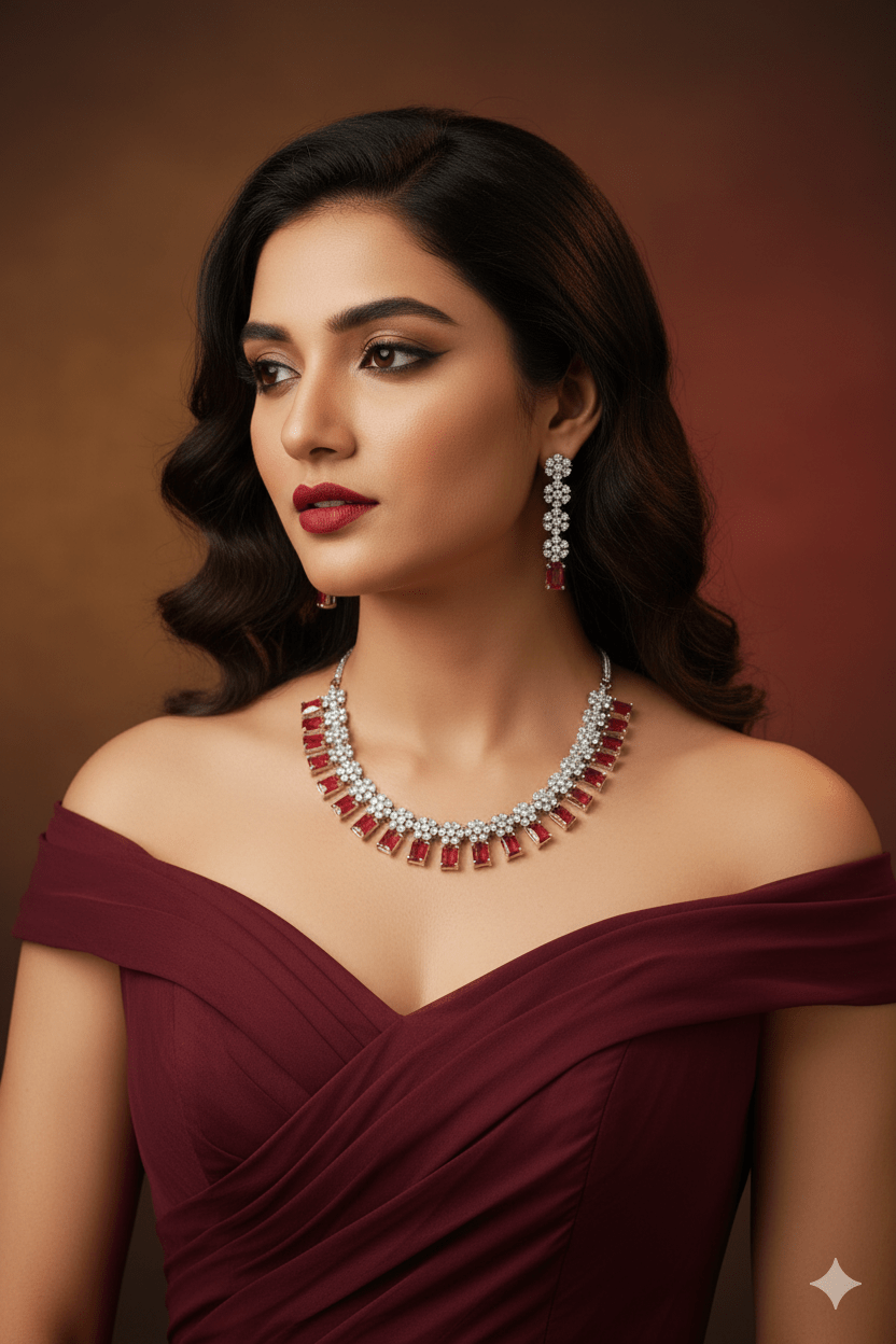 Ruby Rectangular Stone Floral Necklace Set - Maxiblink