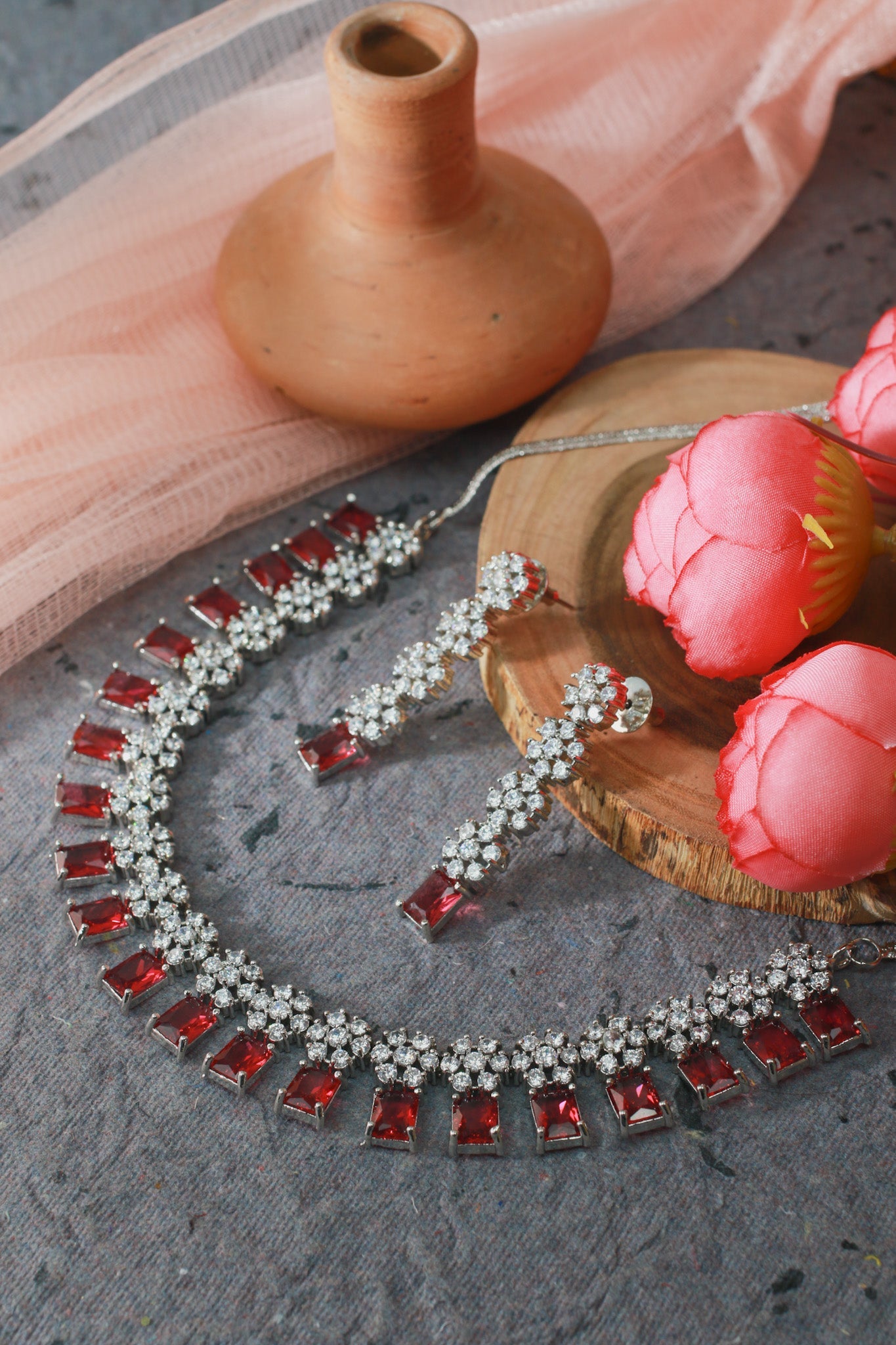 Ruby Rectangular Stone Floral Necklace Set - Maxiblink