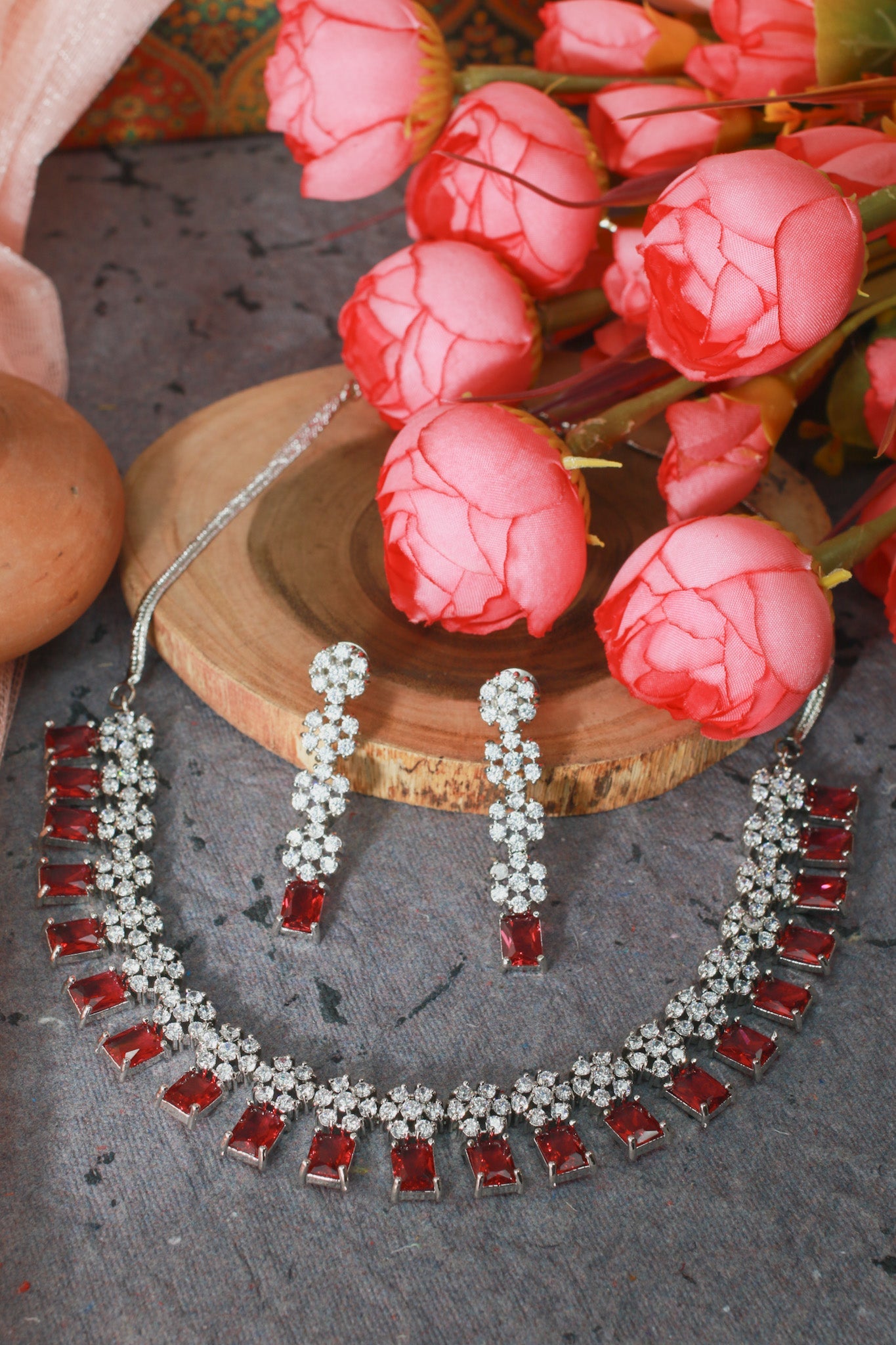 Ruby Rectangular Stone Floral Necklace Set - Maxiblink