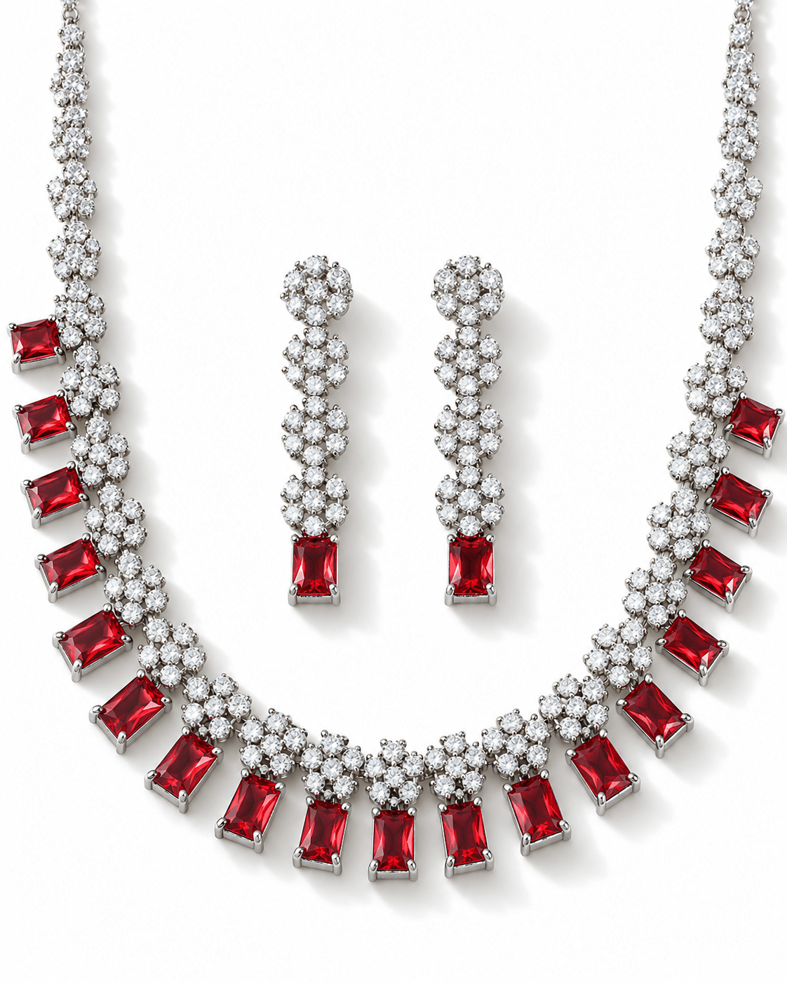 Ruby Rectangular Stone Floral Necklace Set - Maxiblink