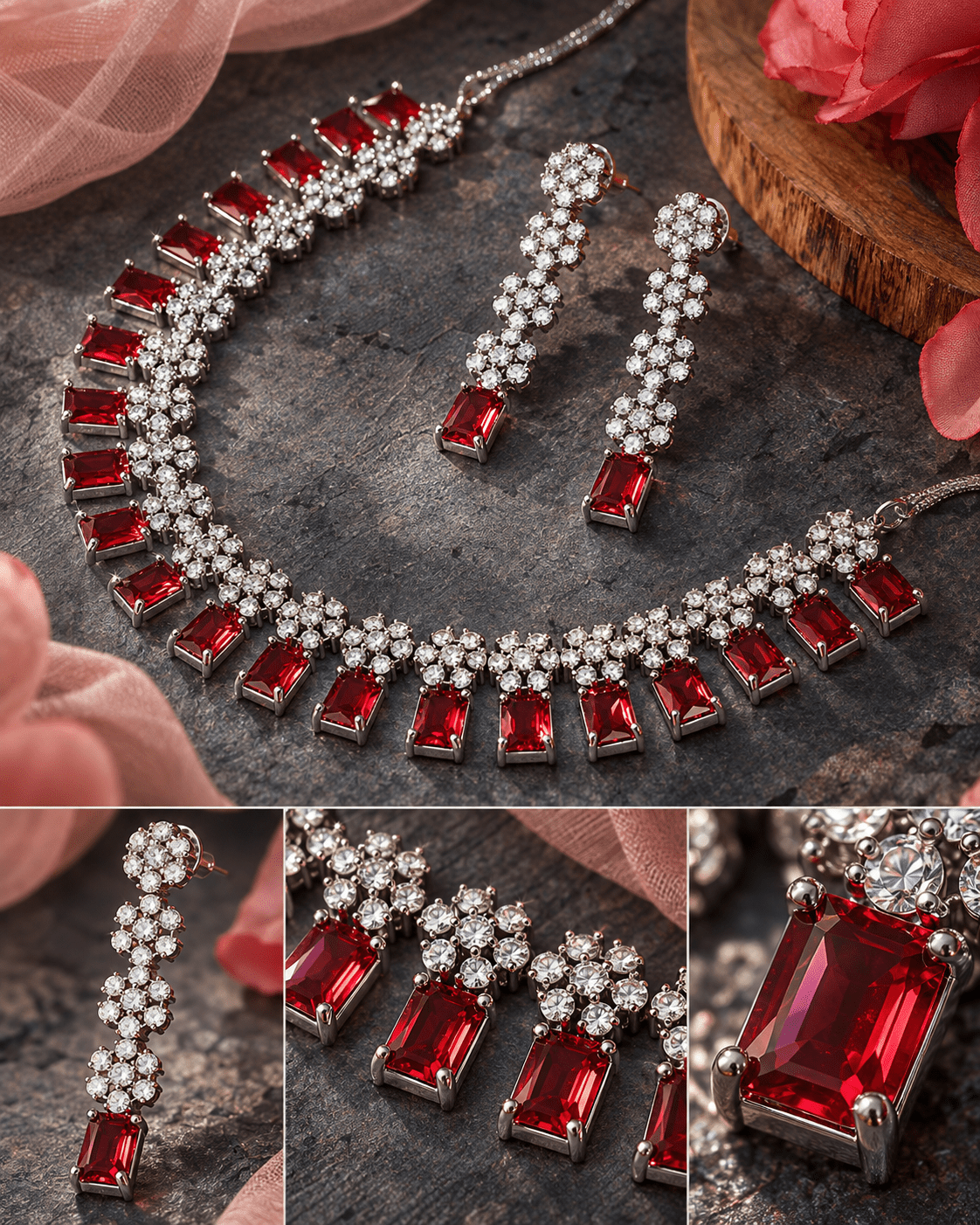 Ruby Rectangular Stone Floral Necklace Set - Maxiblink