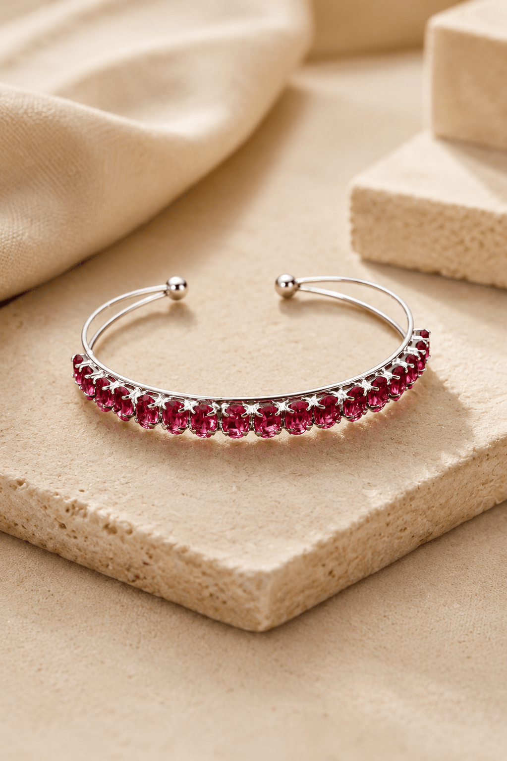 Ruby Red Crystal Silver-Tone Cuff Bracelet - Maxiblink