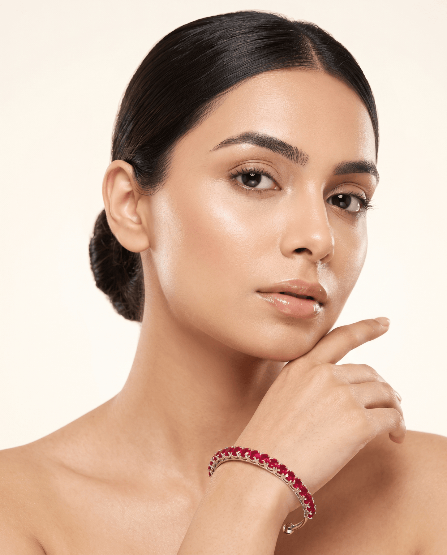 Ruby Red Crystal Silver-Tone Cuff Bracelet - Maxiblink