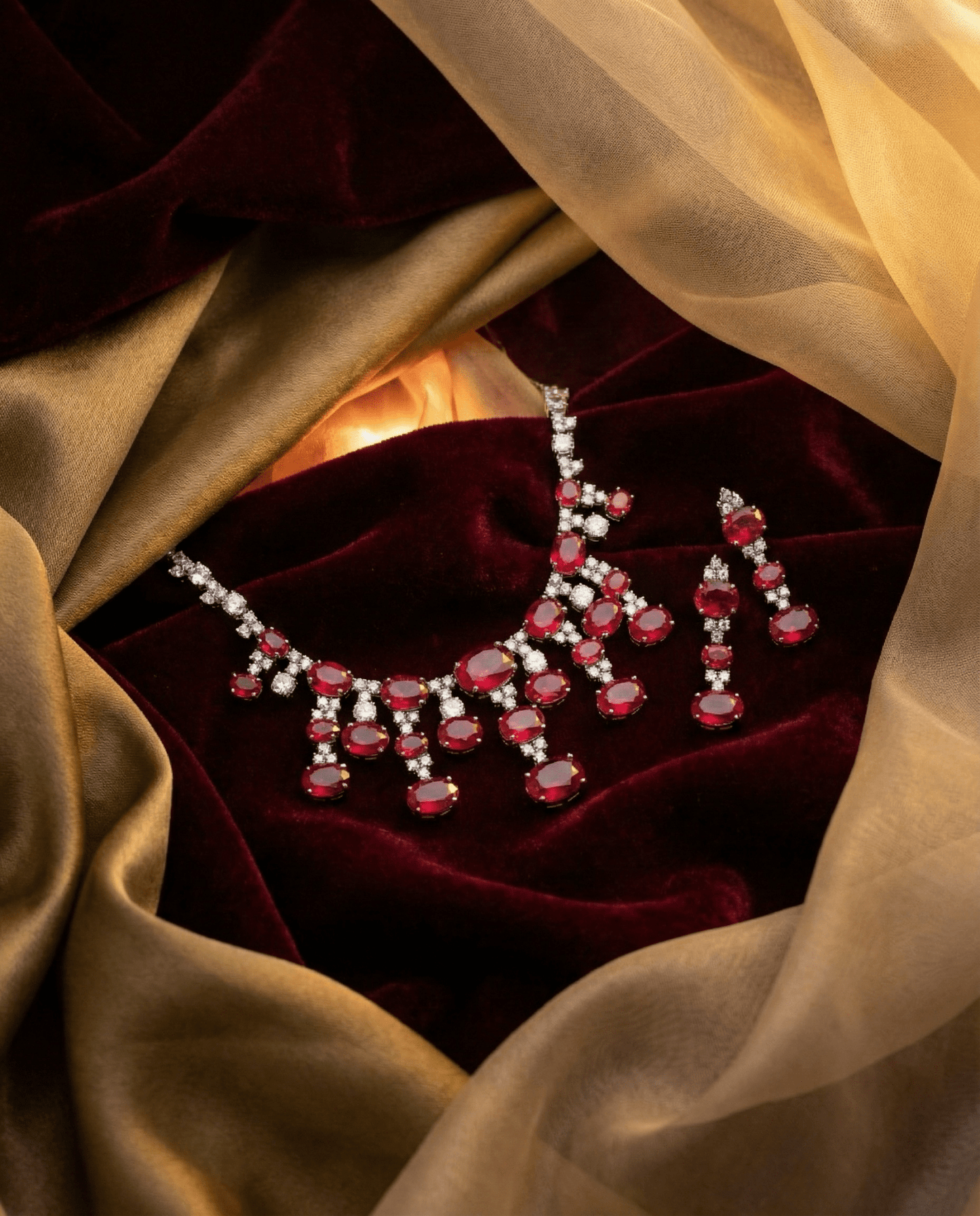 Ruby Red Oval Statement Necklace Set with Crystal Accents | Bridal Party Jewellery - Maxiblink