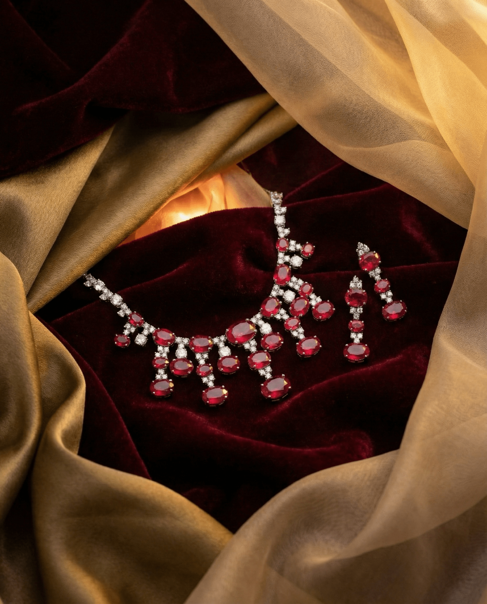 Ruby Red Oval Statement Necklace Set with Crystal Accents | Bridal Party Jewellery - Maxiblink