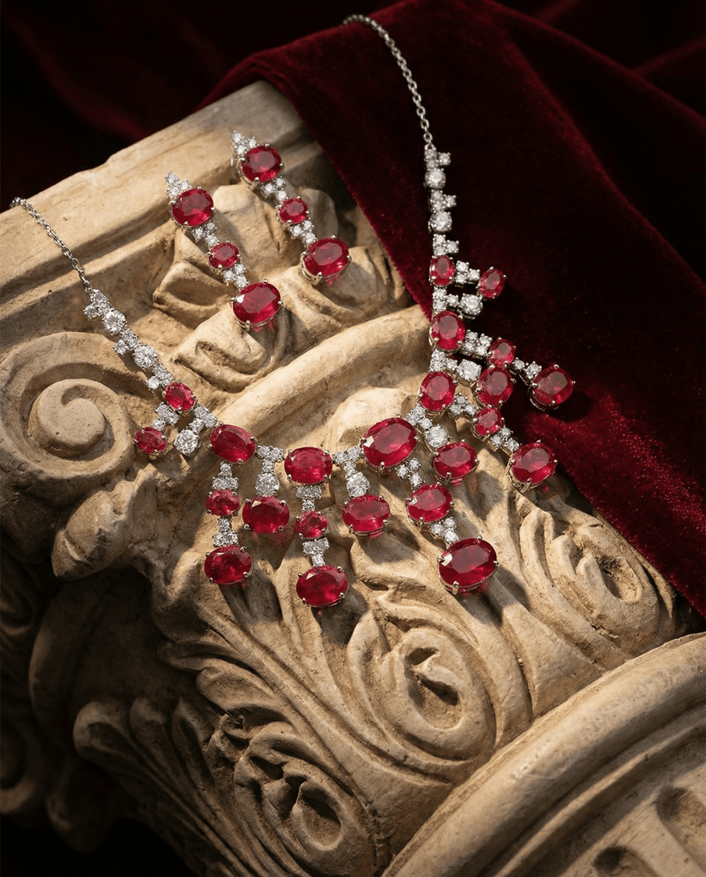 Ruby Red Oval Statement Necklace Set with Crystal Accents | Bridal Party Jewellery - Maxiblink