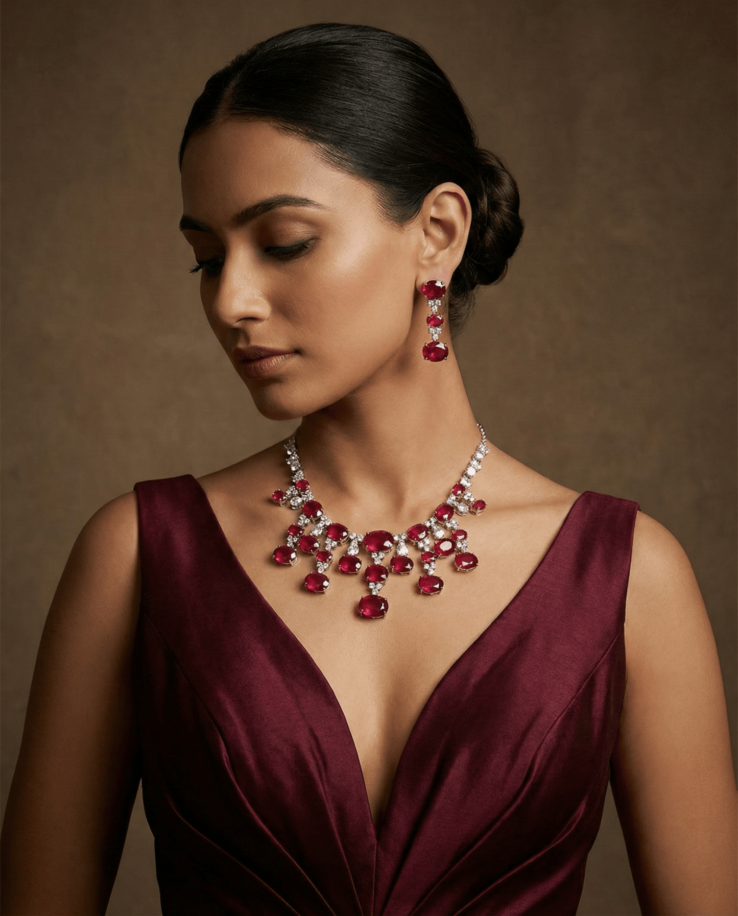 Ruby Red Oval Statement Necklace Set with Crystal Accents | Bridal Party Jewellery - Maxiblink