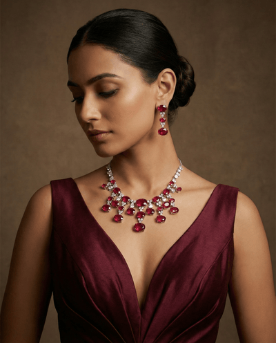 Ruby Red Oval Statement Necklace Set with Crystal Accents | Bridal Party Jewellery - Maxiblink