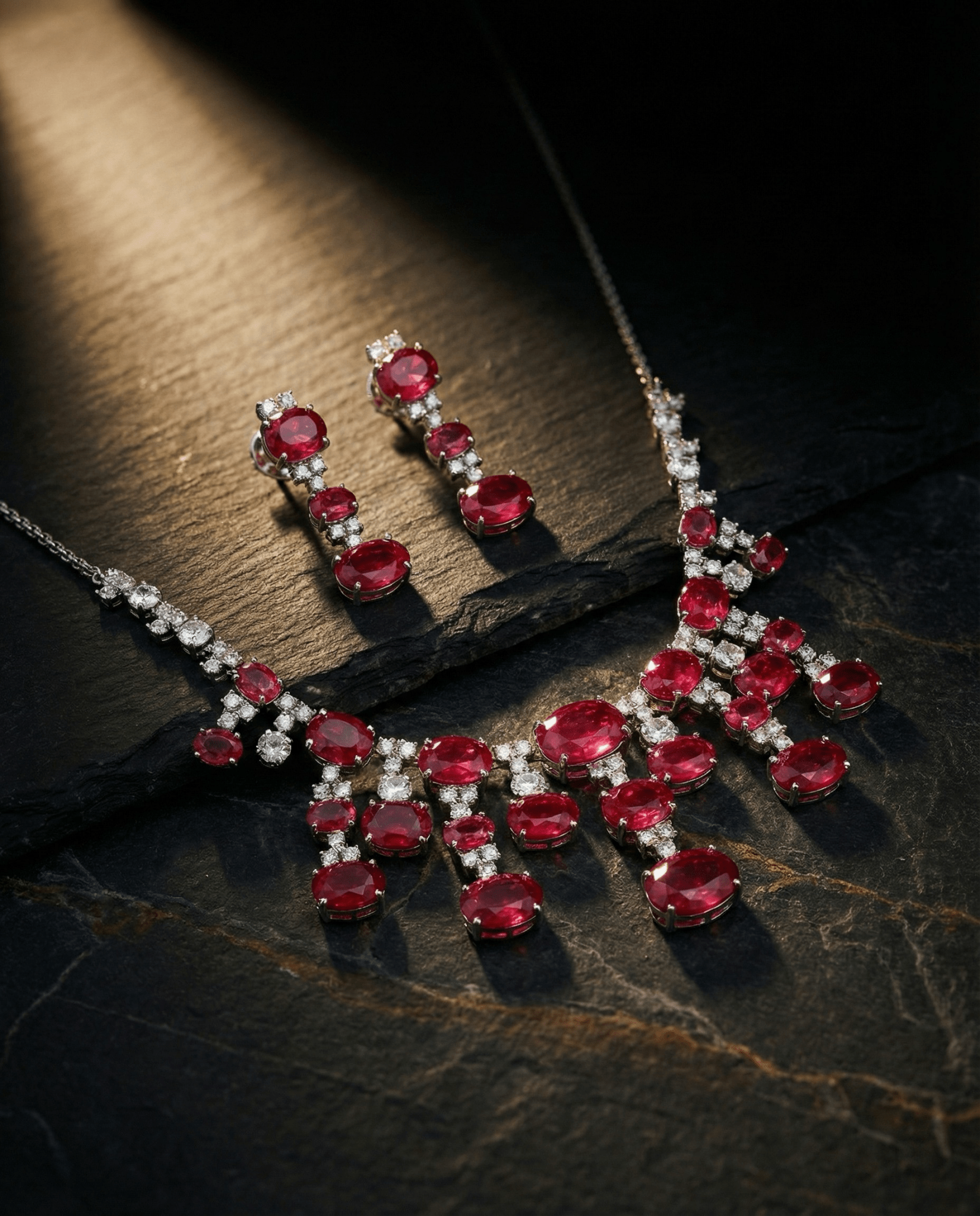Ruby Red Oval Statement Necklace Set with Crystal Accents | Bridal Party Jewellery - Maxiblink