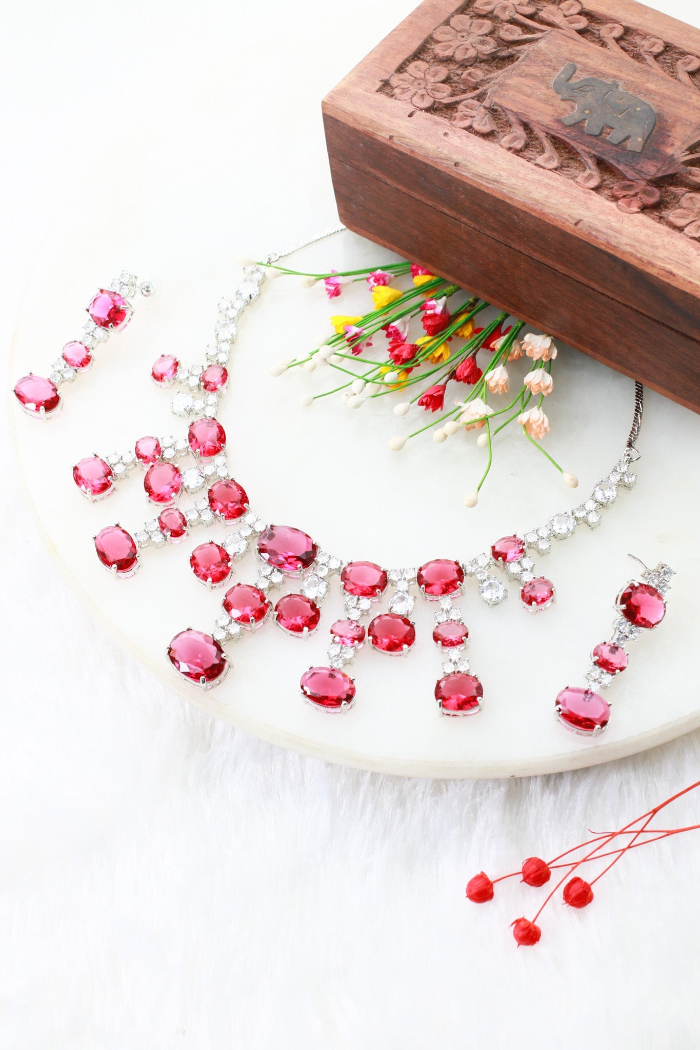 Ruby Red Oval Statement Necklace Set with Crystal Accents | Bridal Party Jewellery - Maxiblink