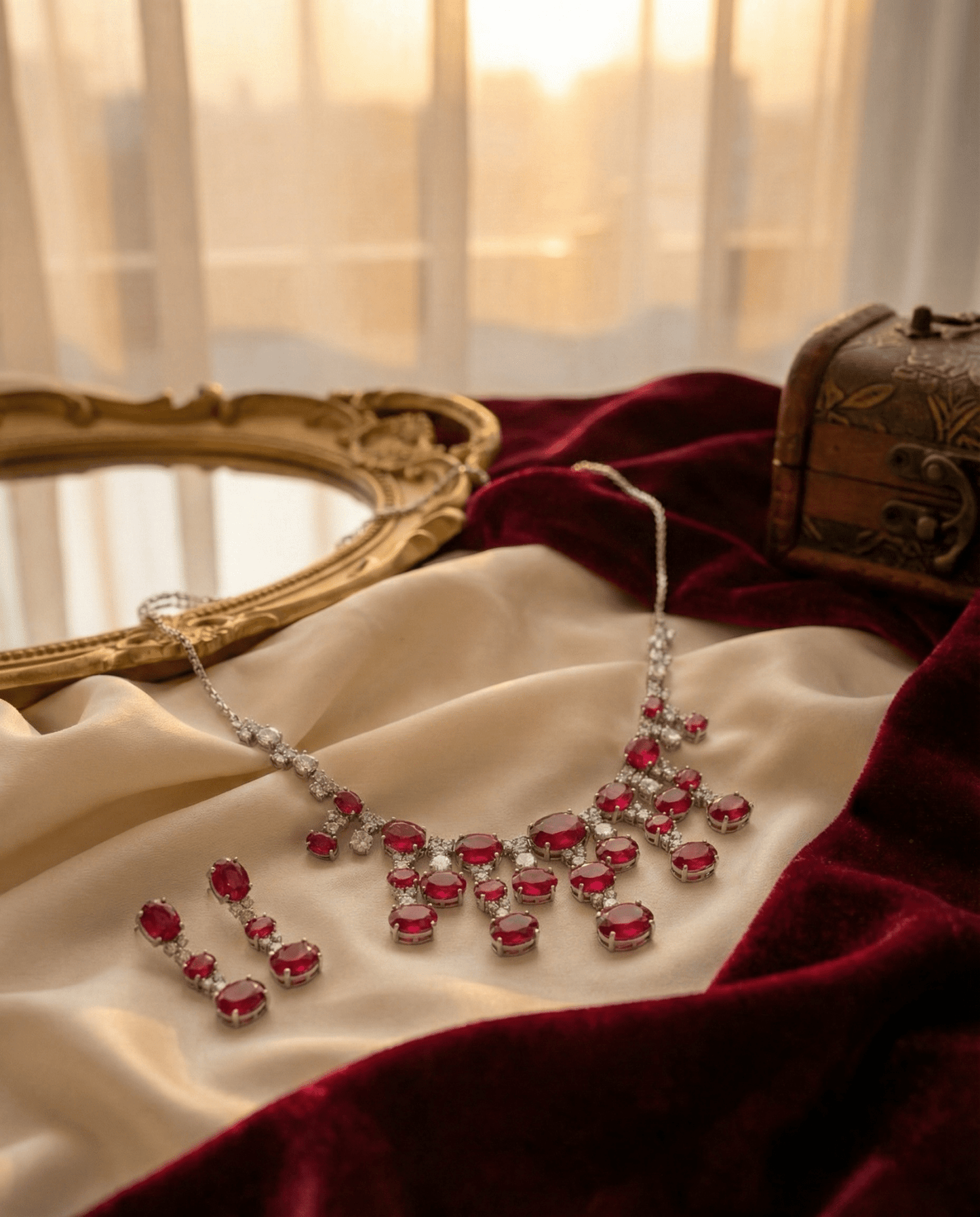 Ruby Red Oval Statement Necklace Set with Crystal Accents | Bridal Party Jewellery - Maxiblink