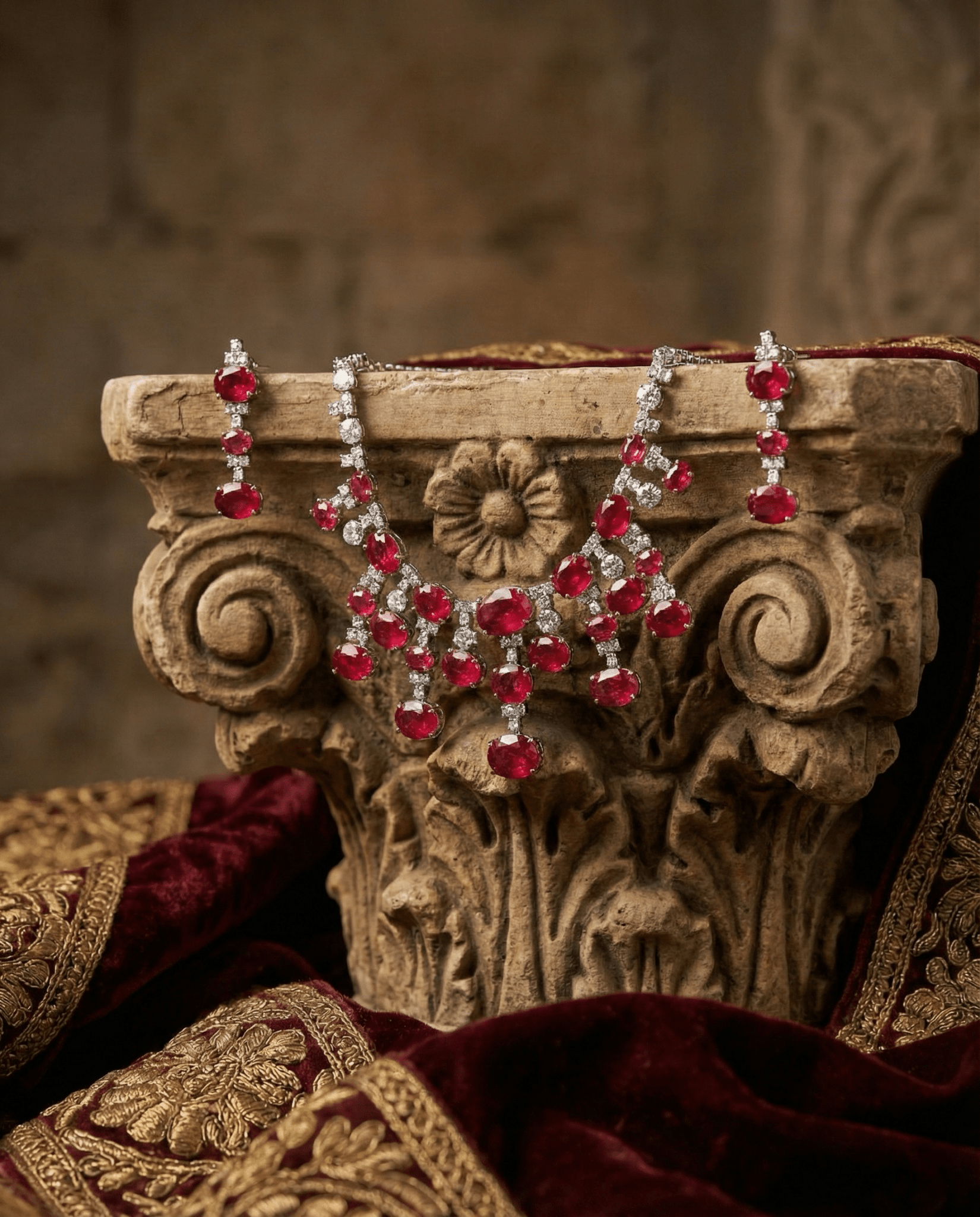 Ruby Red Oval Statement Necklace Set with Crystal Accents | Bridal Party Jewellery - Maxiblink