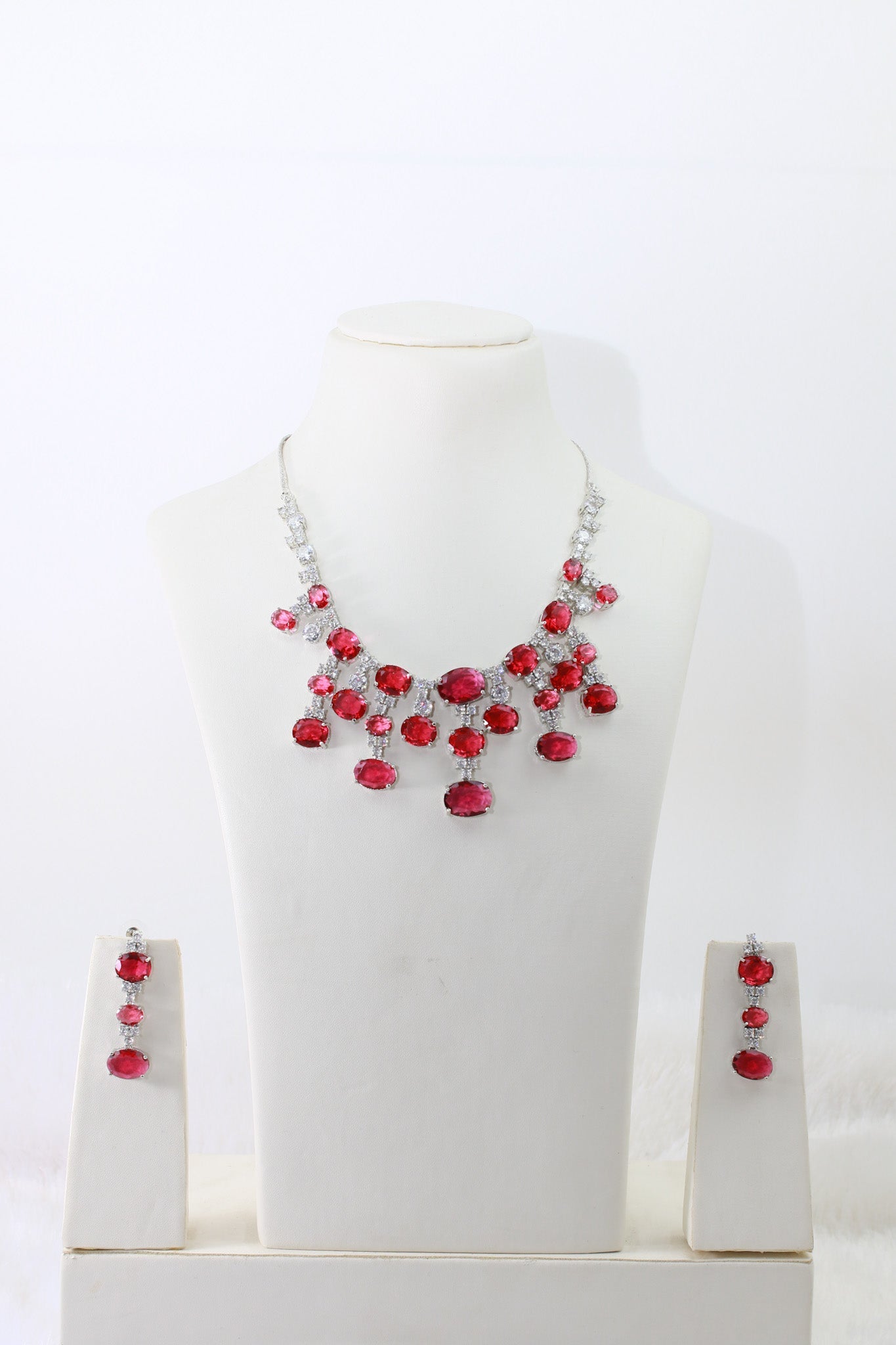 Ruby Red Oval Statement Necklace Set with Crystal Accents | Bridal Party Jewellery - Maxiblink