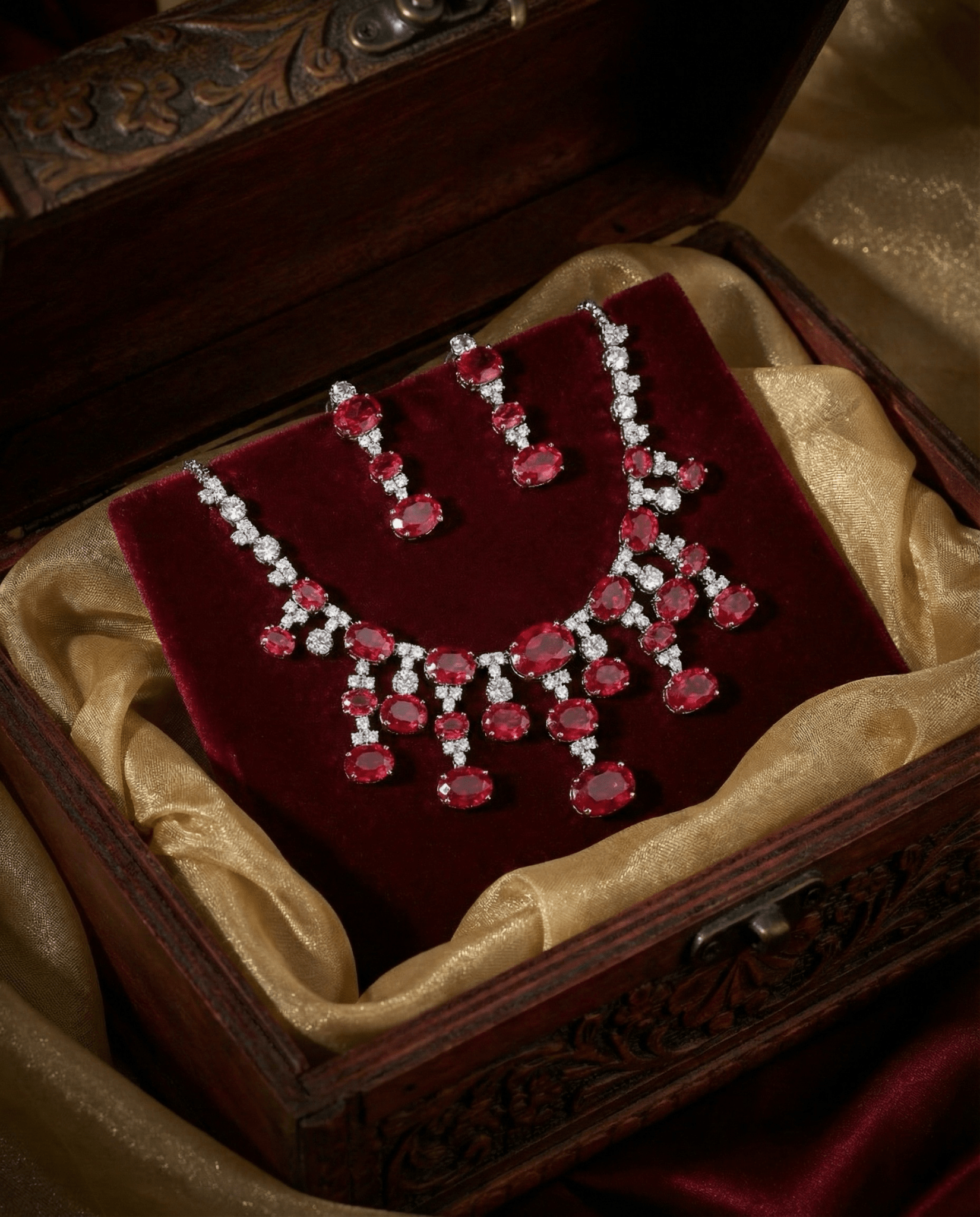 Ruby Red Oval Statement Necklace Set with Crystal Accents | Bridal Party Jewellery - Maxiblink