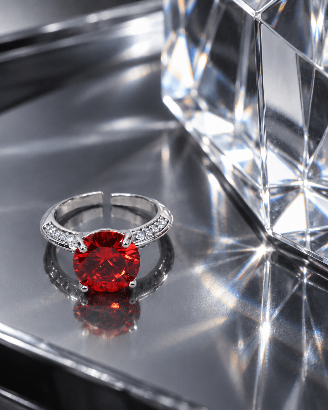 Ruby Red Round Solitaire Ring with Pavé Shoulders - Maxiblink