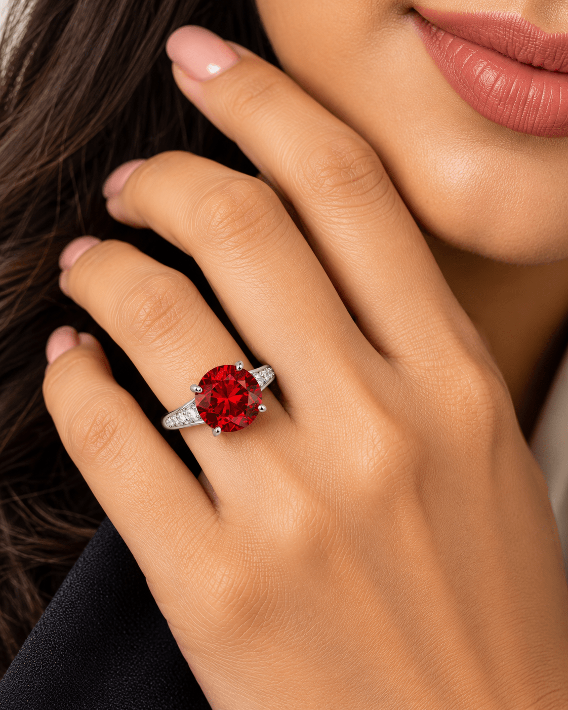 Ruby Red Round Solitaire Ring with Pavé Shoulders - Maxiblink