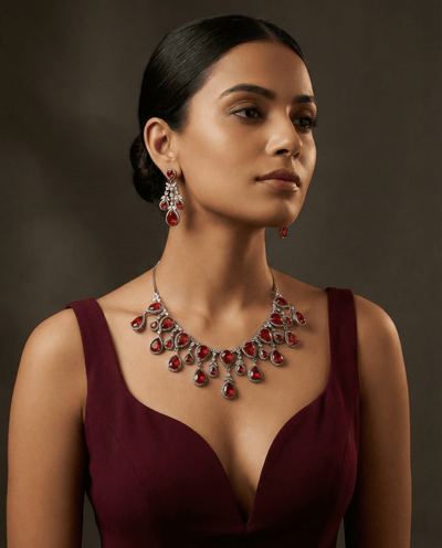 Ruby Red Teardrop Statement Necklace Set with Crystal Halo | Bridal Jewellery - Maxiblink