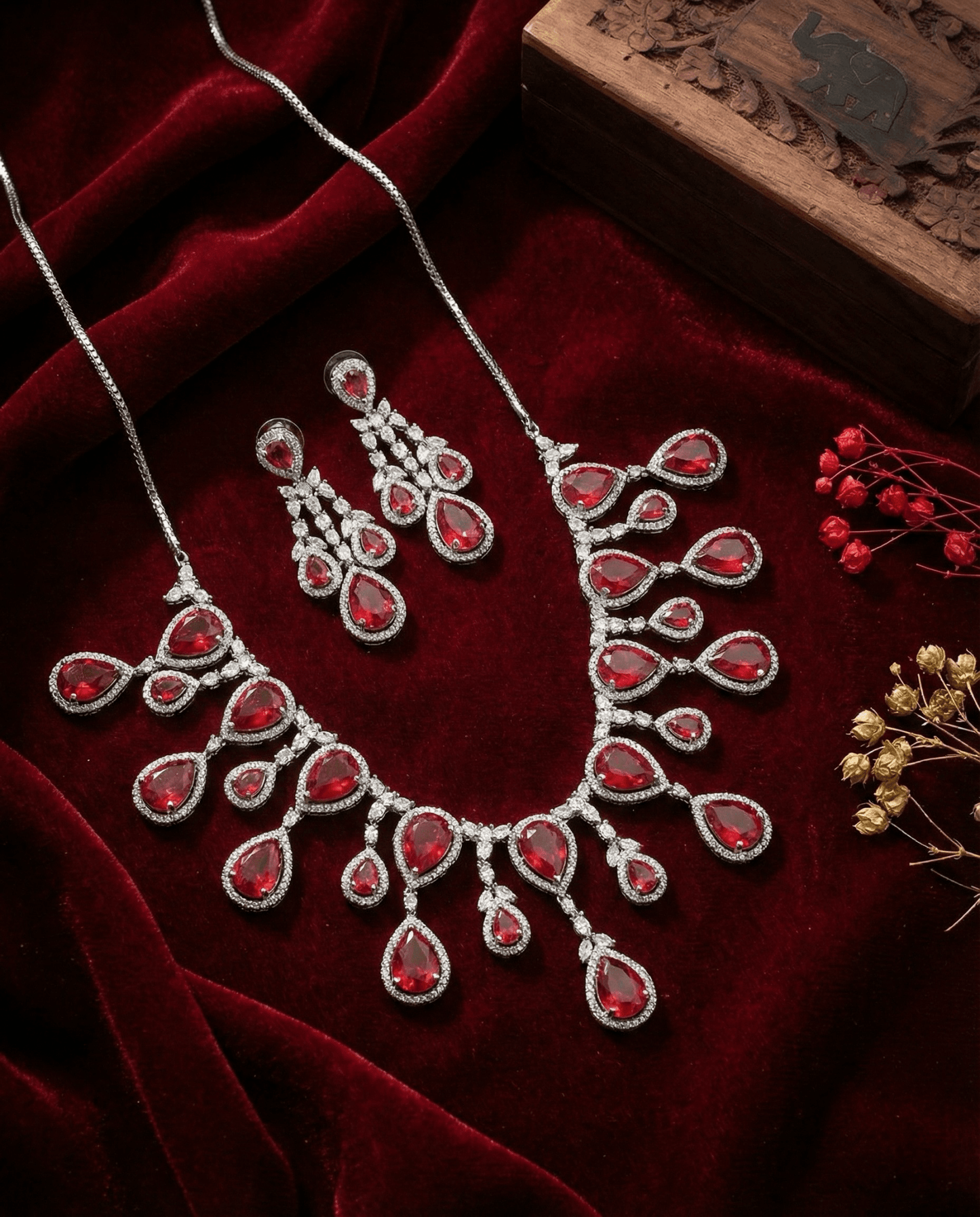 Ruby Red Teardrop Statement Necklace Set with Crystal Halo | Bridal Jewellery - Maxiblink