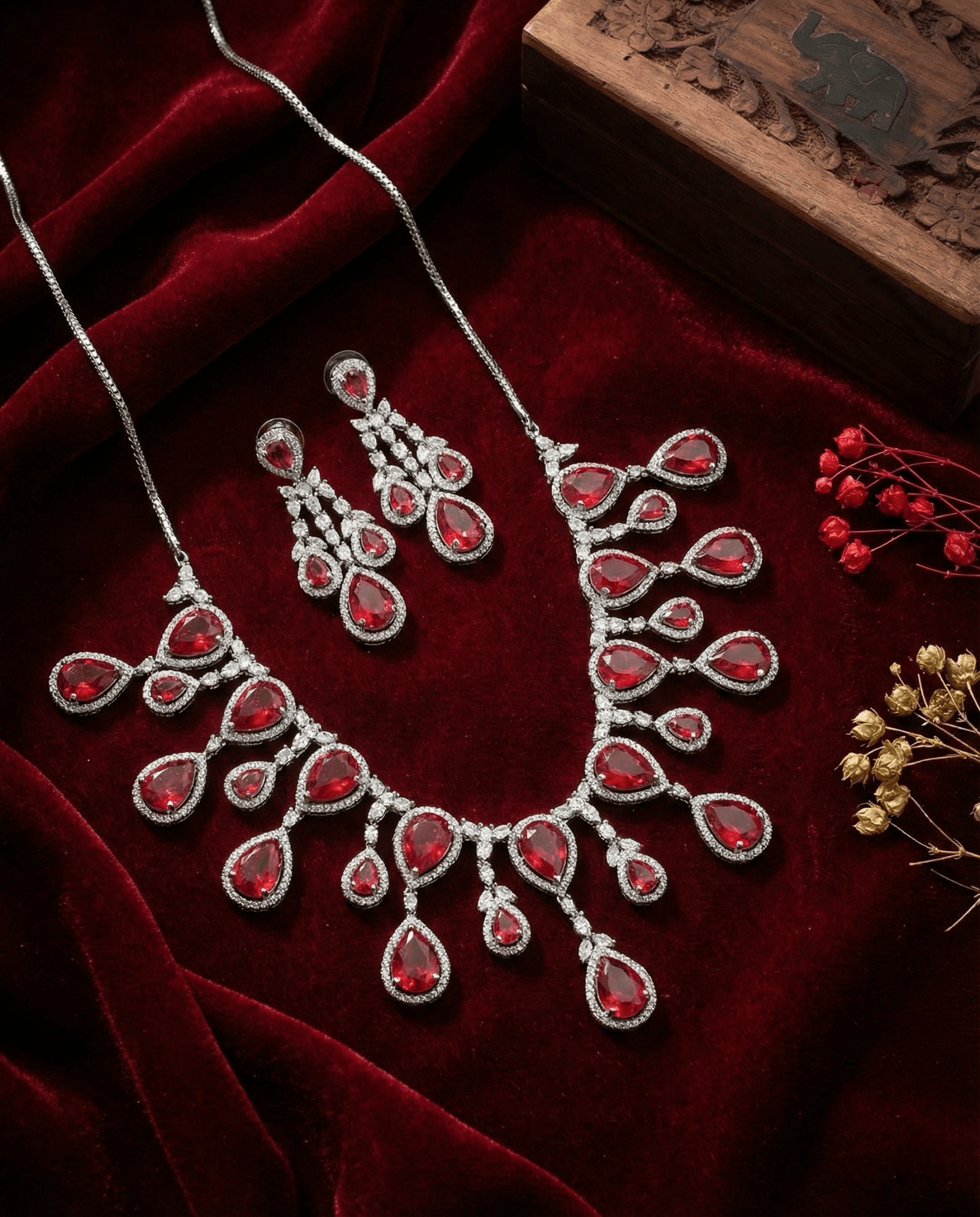 Ruby Red Teardrop Statement Necklace Set with Crystal Halo | Bridal Jewellery - Maxiblink