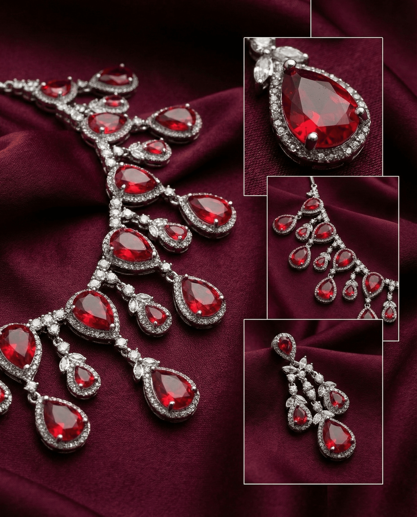 Ruby Red Teardrop Statement Necklace Set with Crystal Halo | Bridal Jewellery - Maxiblink