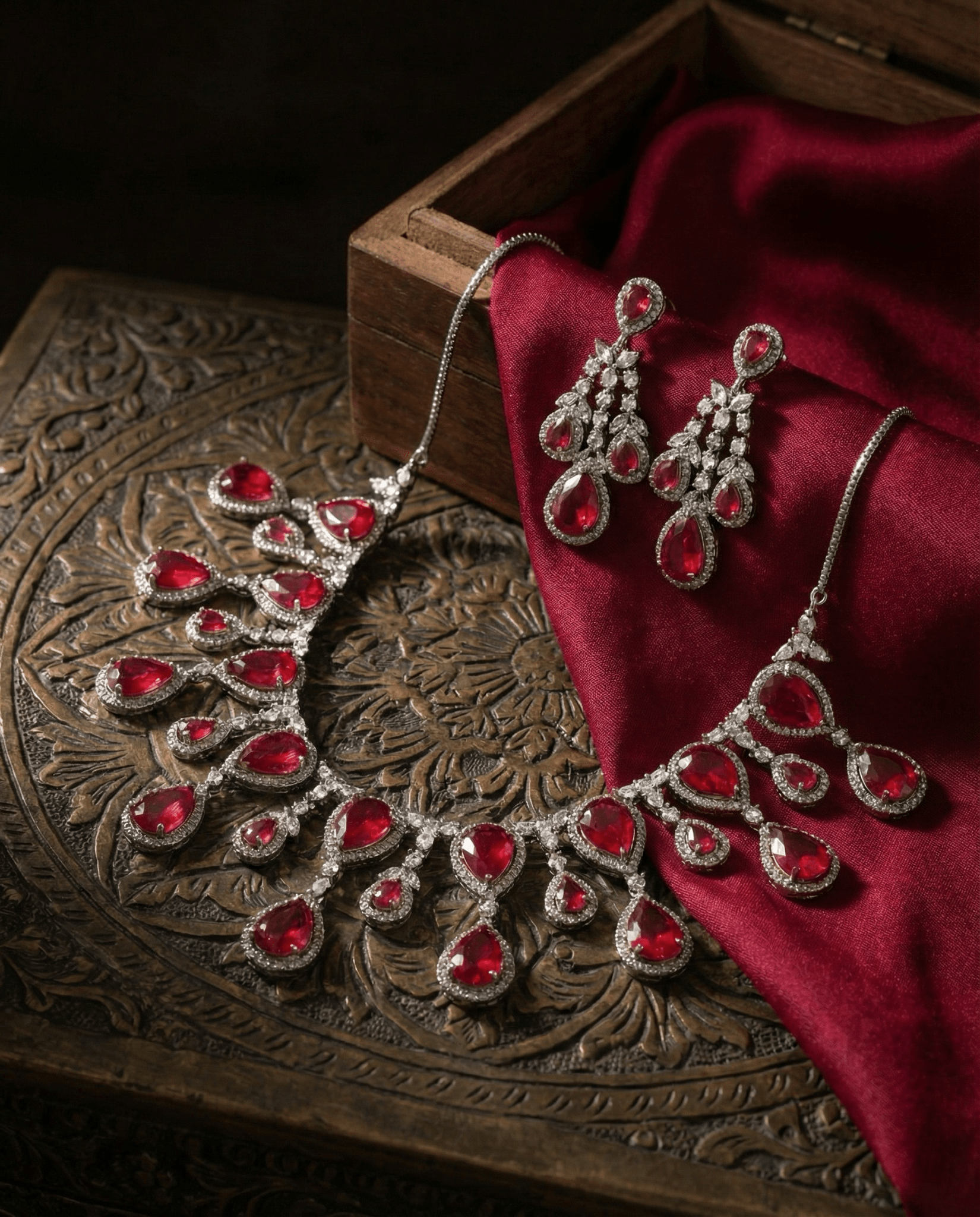Ruby Red Teardrop Statement Necklace Set with Crystal Halo | Bridal Jewellery - Maxiblink