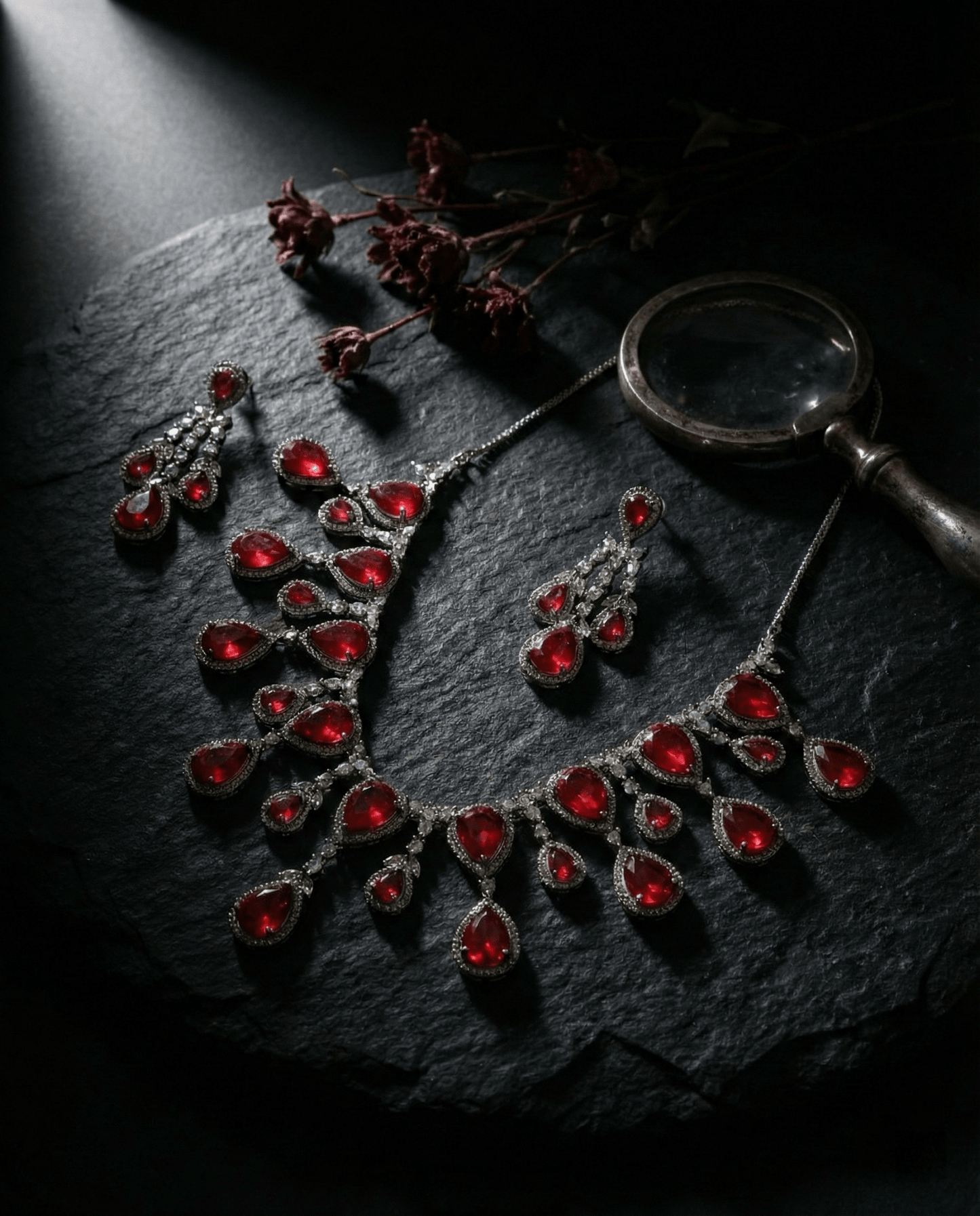 Ruby Red Teardrop Statement Necklace Set with Crystal Halo | Bridal Jewellery - Maxiblink