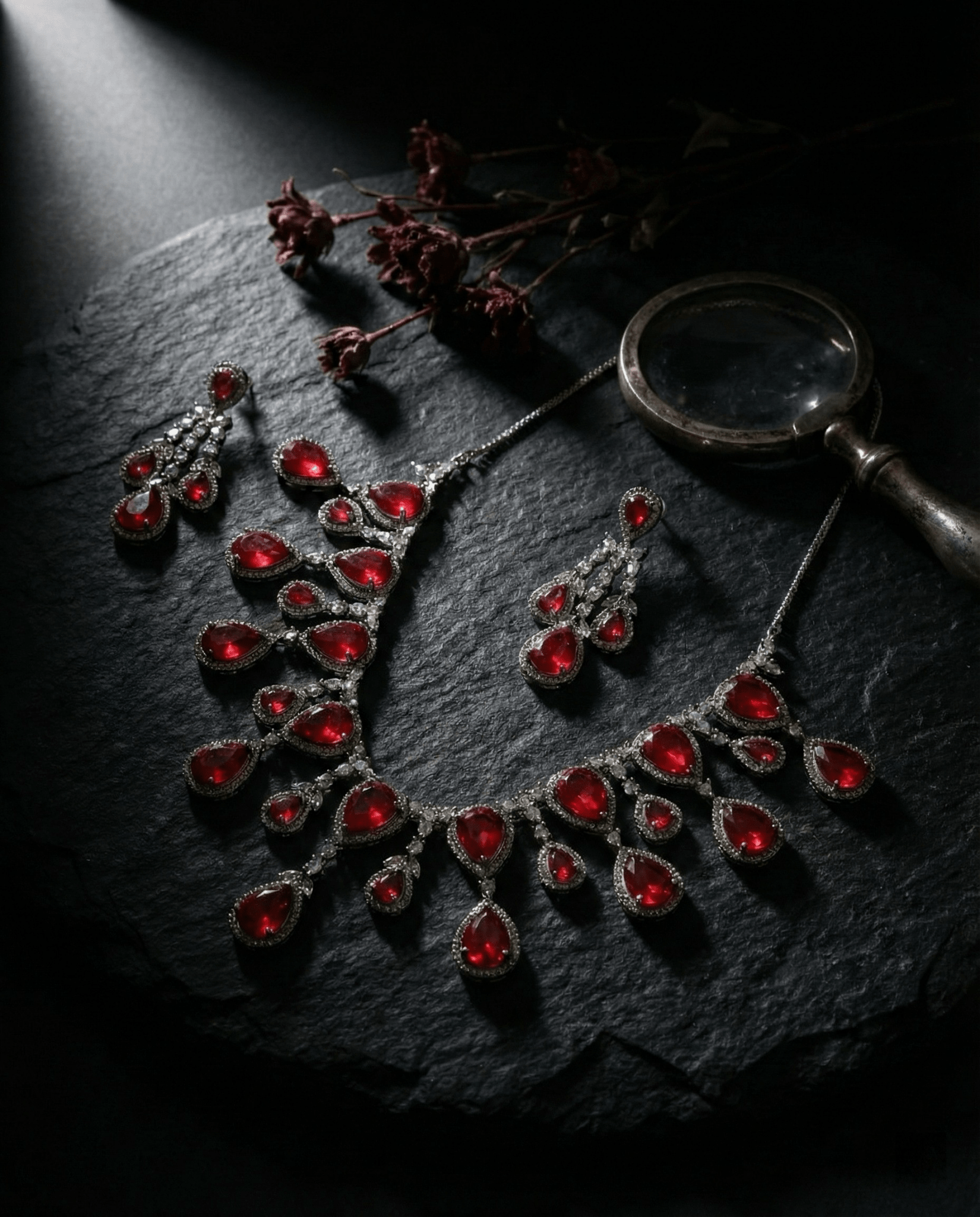 Ruby Red Teardrop Statement Necklace Set with Crystal Halo | Bridal Jewellery - Maxiblink