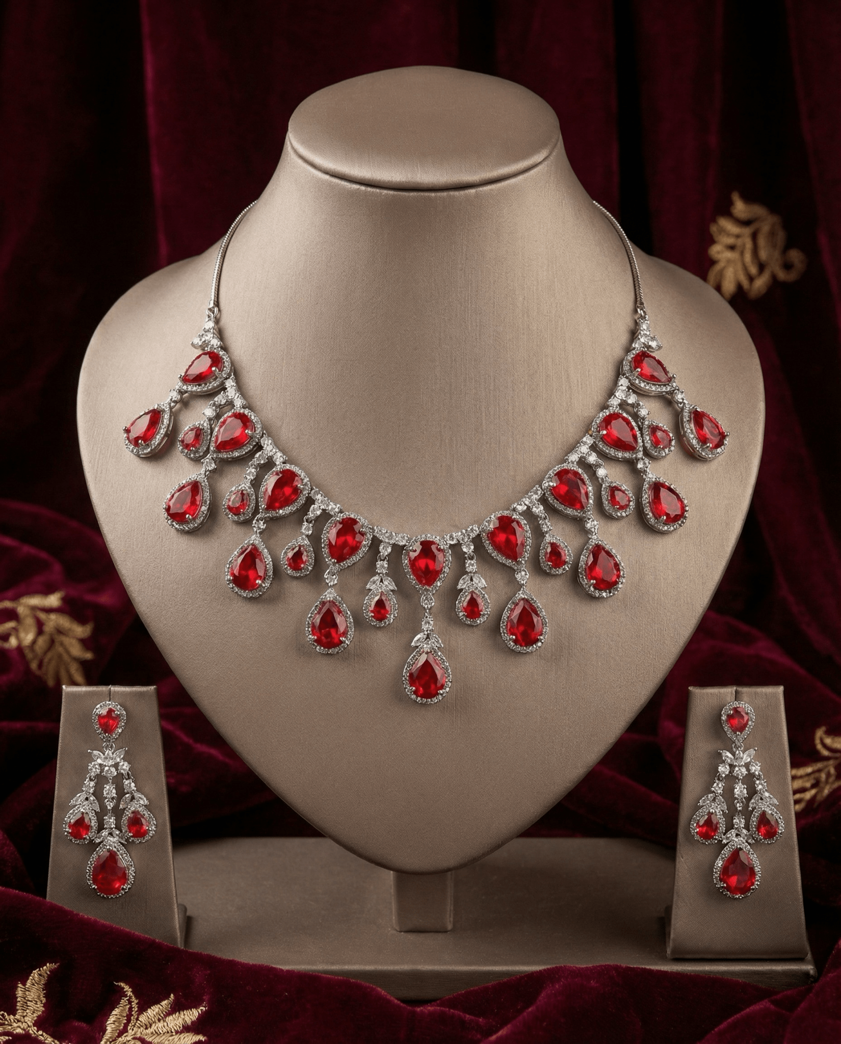 Ruby Red Teardrop Statement Necklace Set with Crystal Halo | Bridal Jewellery - Maxiblink