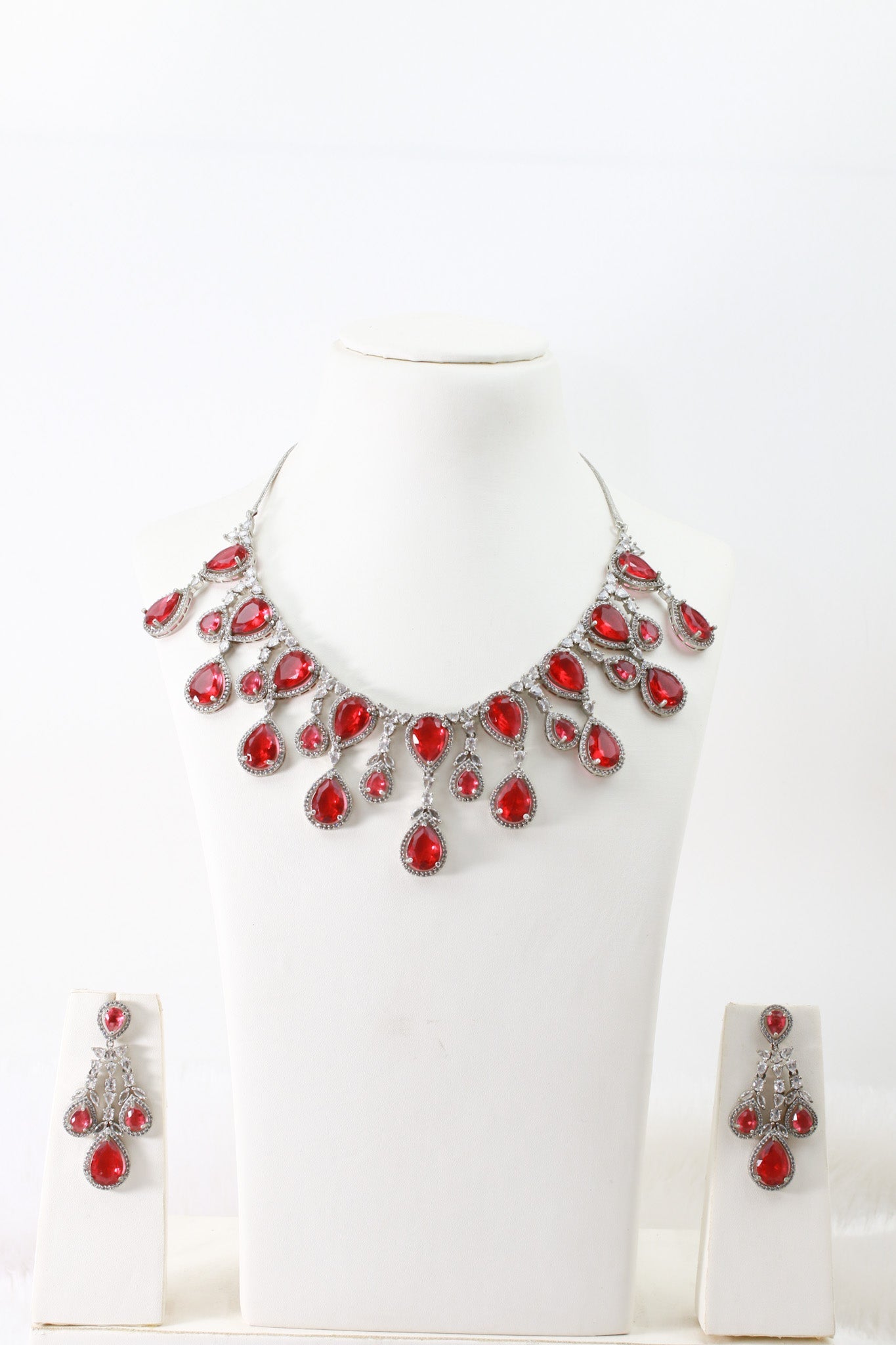 Ruby Red Teardrop Statement Necklace Set with Crystal Halo | Bridal Jewellery - Maxiblink