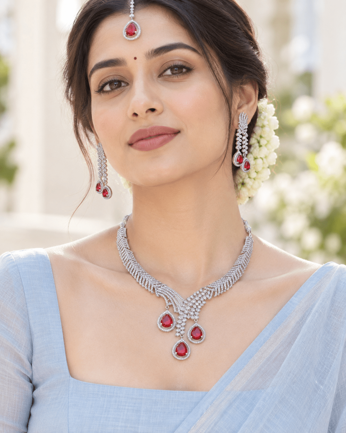 Ruby Trio Drop Necklace Set with Maang Tikka - Maxiblink