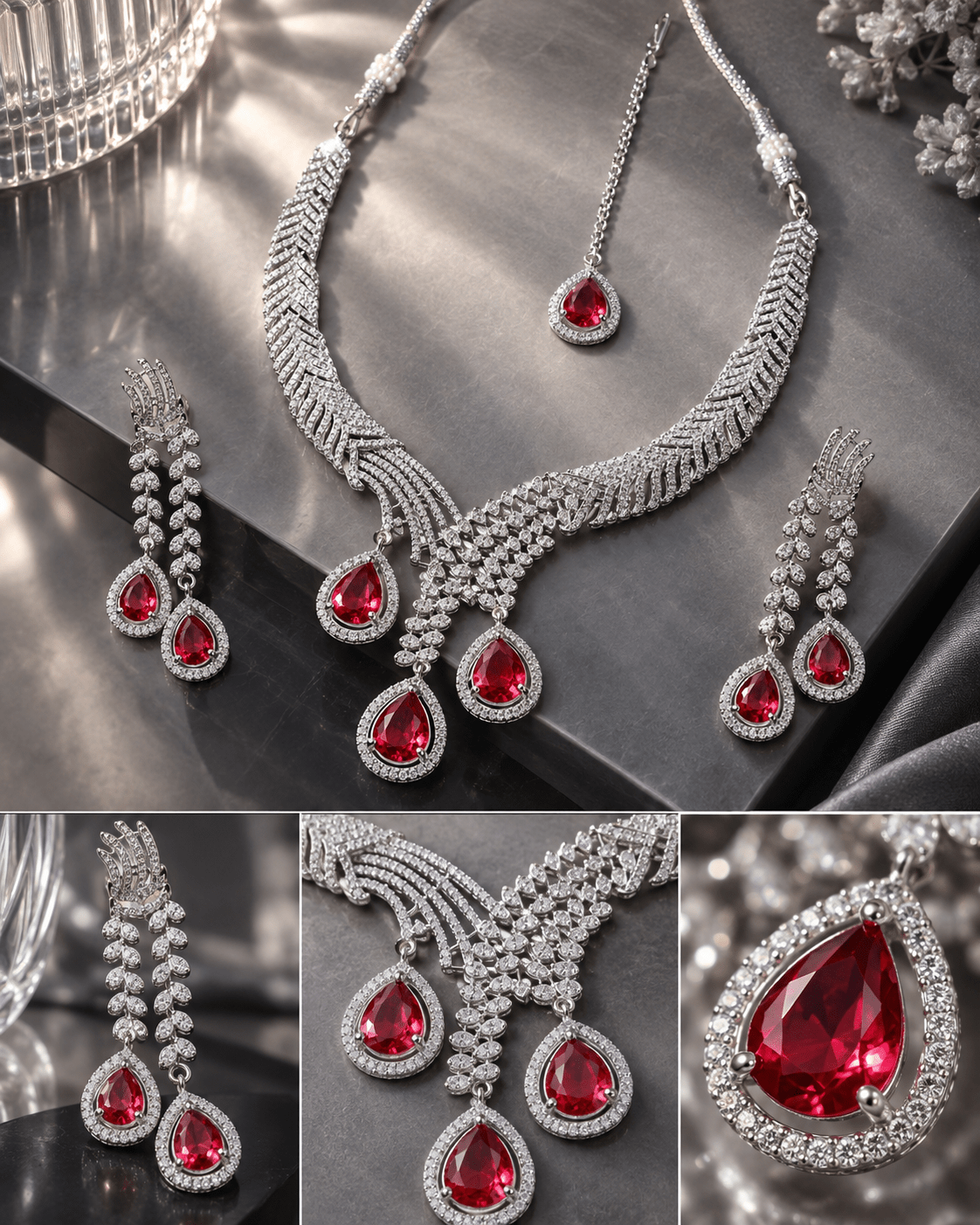 Ruby Trio Drop Necklace Set with Maang Tikka - Maxiblink
