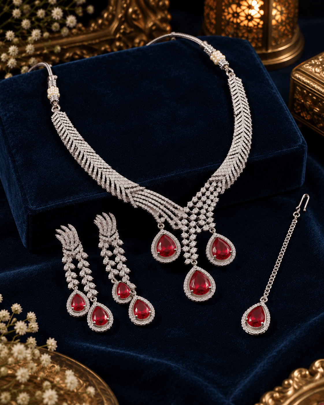 Ruby Trio Drop Necklace Set with Maang Tikka - Maxiblink