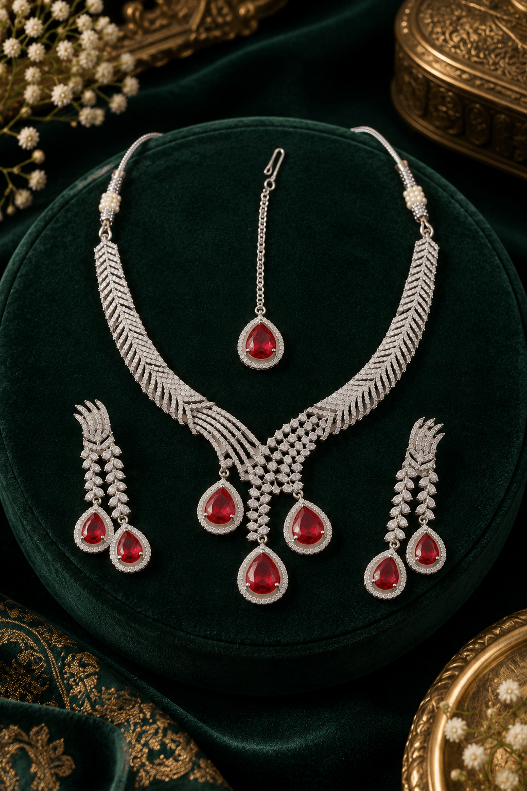 Ruby Trio Drop Necklace Set with Maang Tikka - Maxiblink