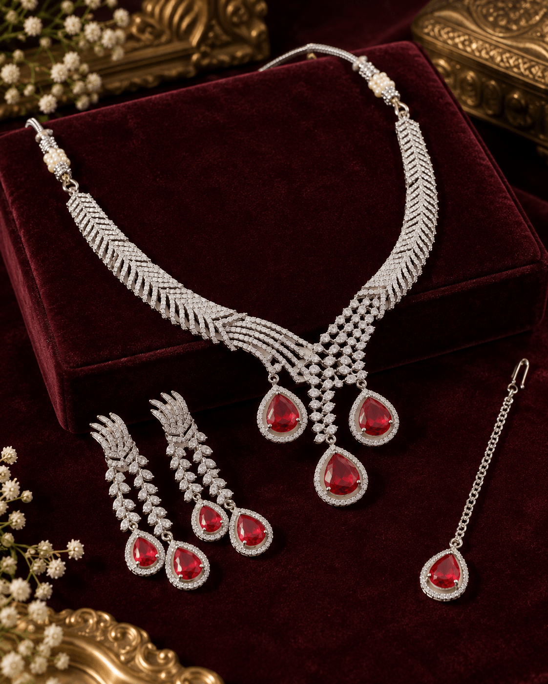 Ruby Trio Drop Necklace Set with Maang Tikka - Maxiblink