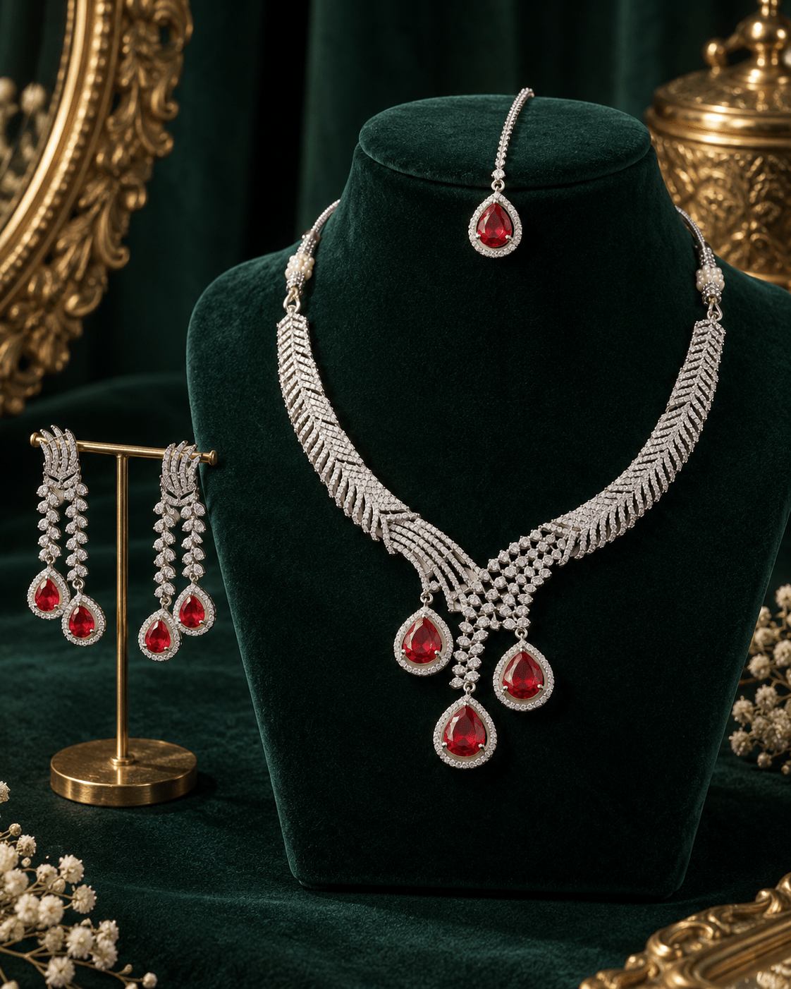 Ruby Trio Drop Necklace Set with Maang Tikka - Maxiblink