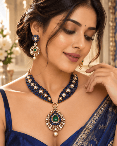 Sapphire Emerald Heritage Gold-Plated American Diamond Necklace Set - Maxiblink