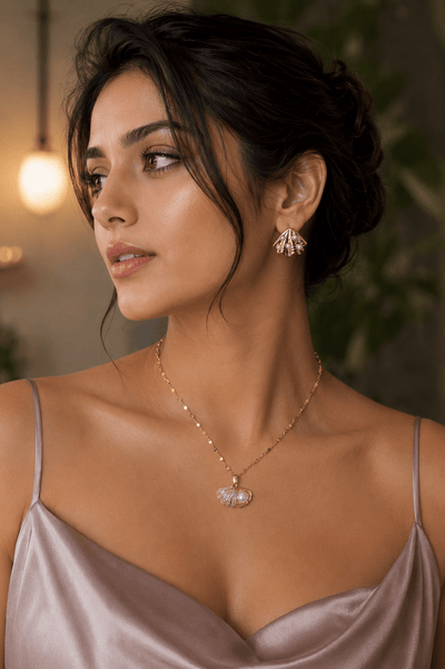 Scallop Shell Pendant Necklace & Earrings Set – Gold Tone - Maxiblink