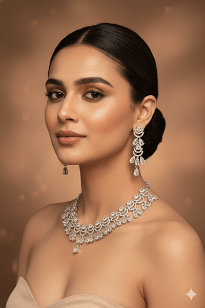 Silver AD Teardrop Crescent Choker Necklace Set with Long Danglers | Bridal & Party Wear - Maxiblink
