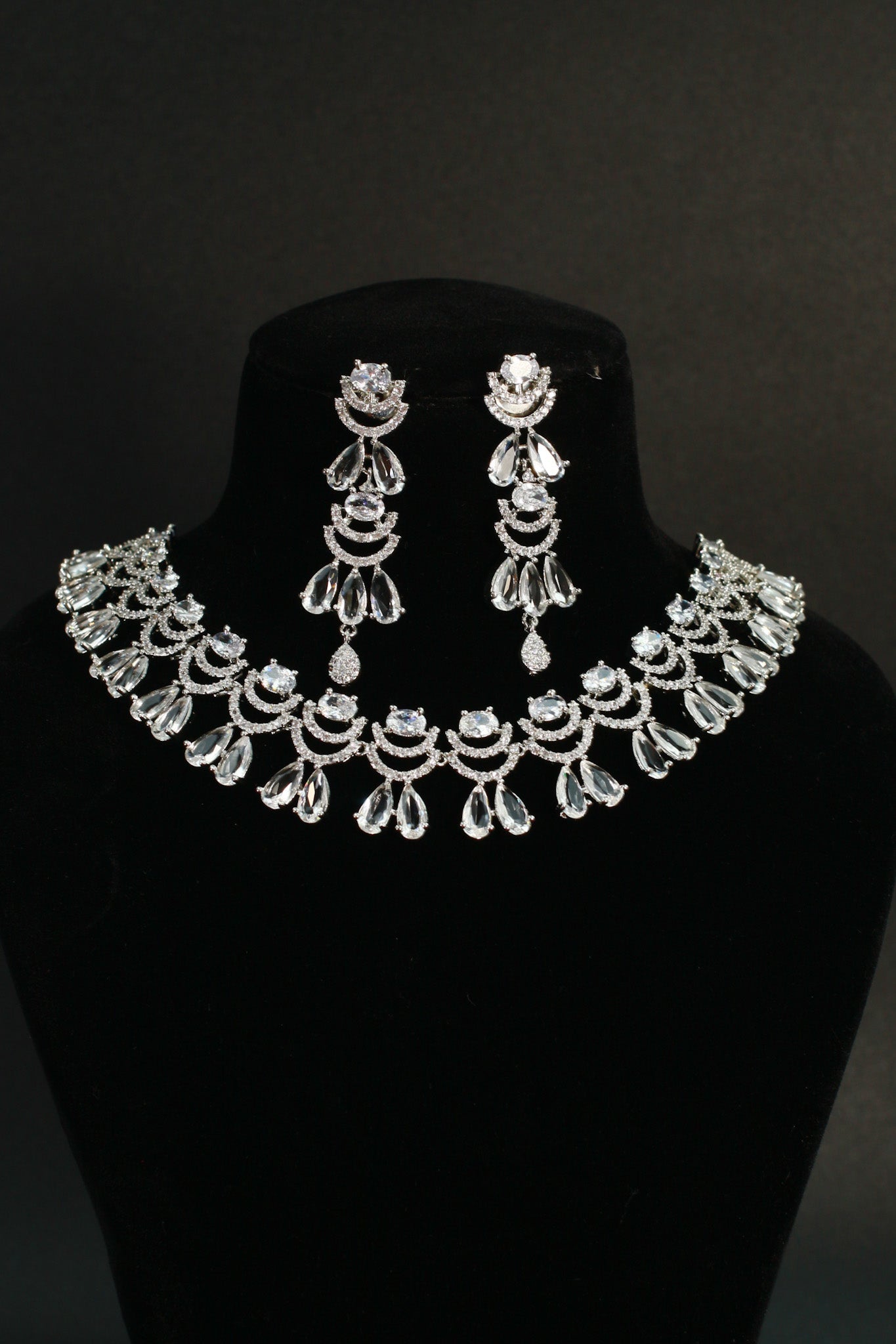 Silver AD Teardrop Crescent Choker Necklace Set with Long Danglers | Bridal & Party Wear - Maxiblink