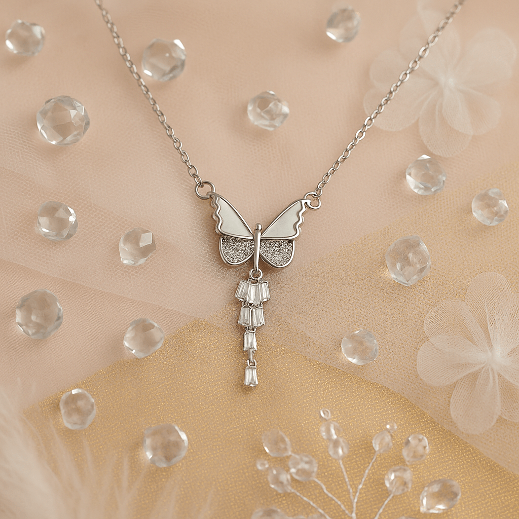Silver Butterfly Crystal Pendant Necklace with Drop Charm | Anti - Tarnish - Maxiblink