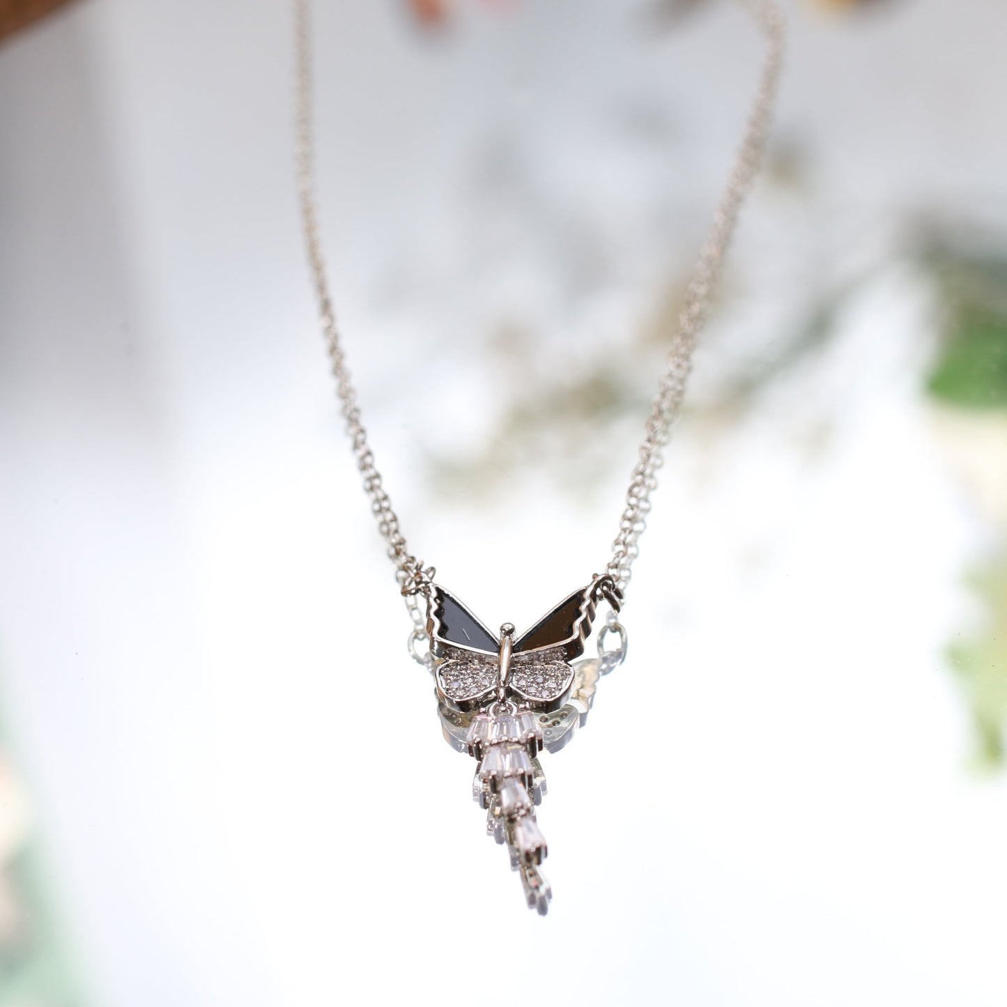 Silver Butterfly Pendant with Dangling Crystal Drops - Maxiblink
