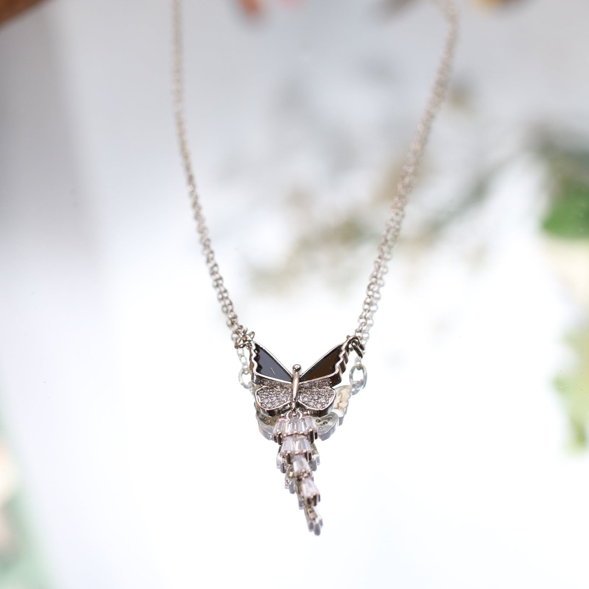Silver Butterfly Pendant with Dangling Crystal Drops - Maxiblink