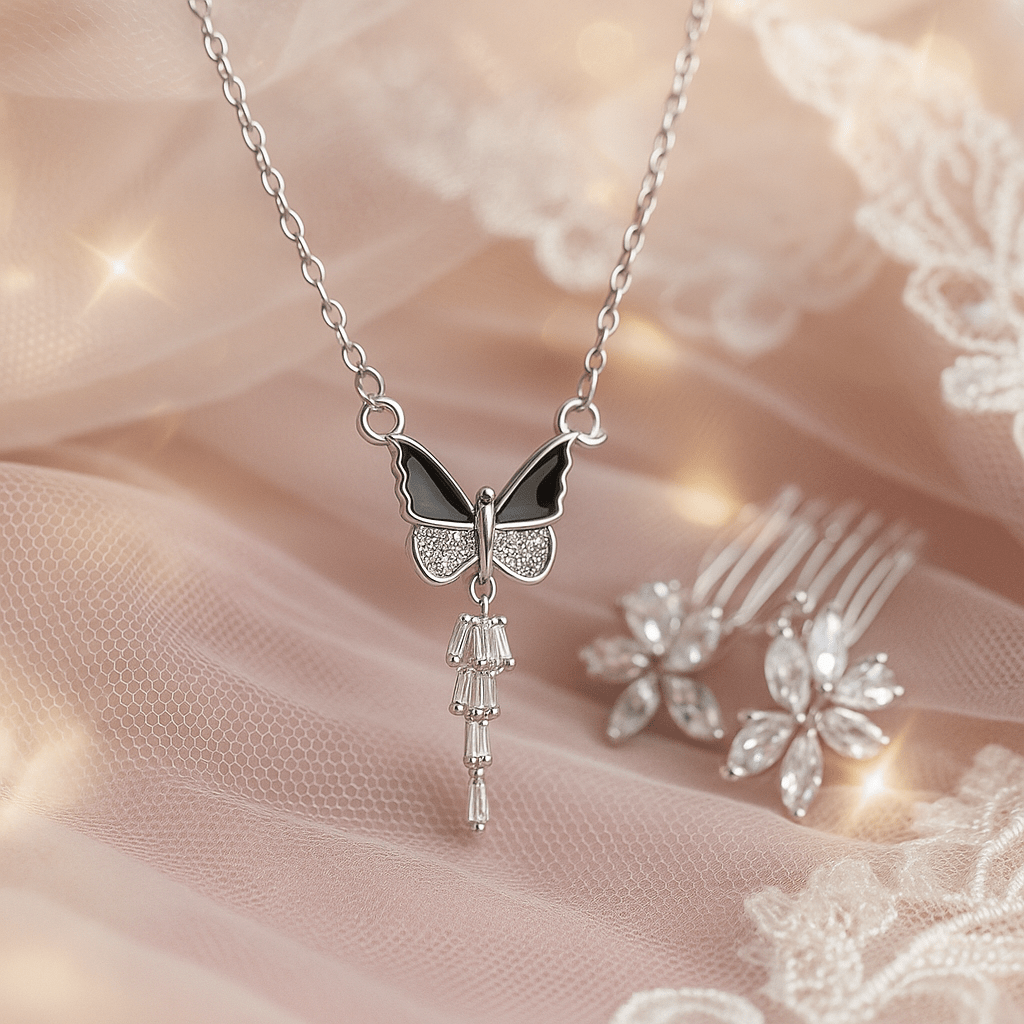 Silver Butterfly Pendant with Dangling Crystal Drops - Maxiblink
