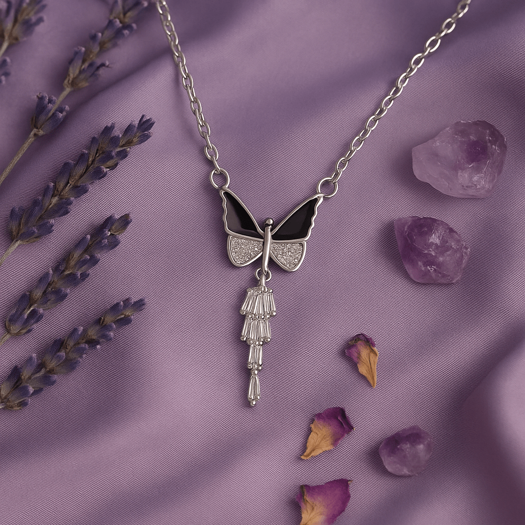 Silver Butterfly Pendant with Dangling Crystal Drops - Maxiblink