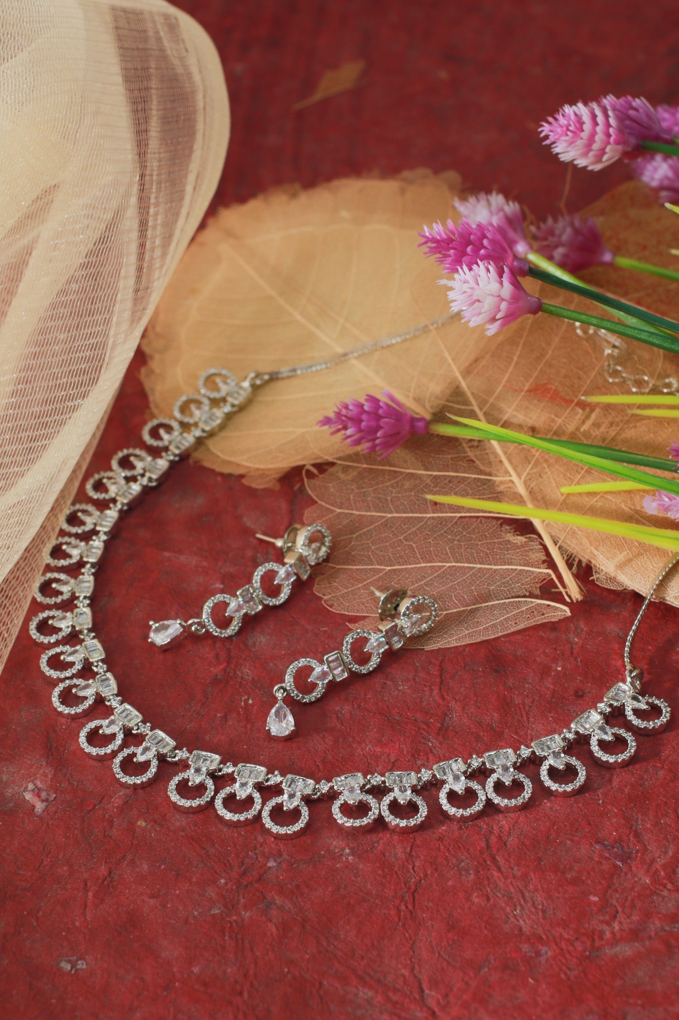 Silver Circle Drop AD Necklace Set - Maxiblink