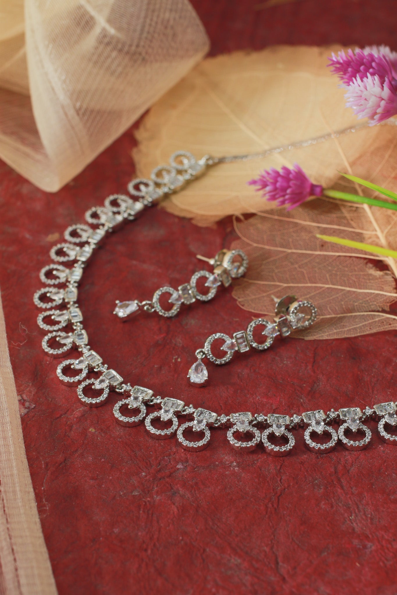 Silver Circle Drop AD Necklace Set - Maxiblink