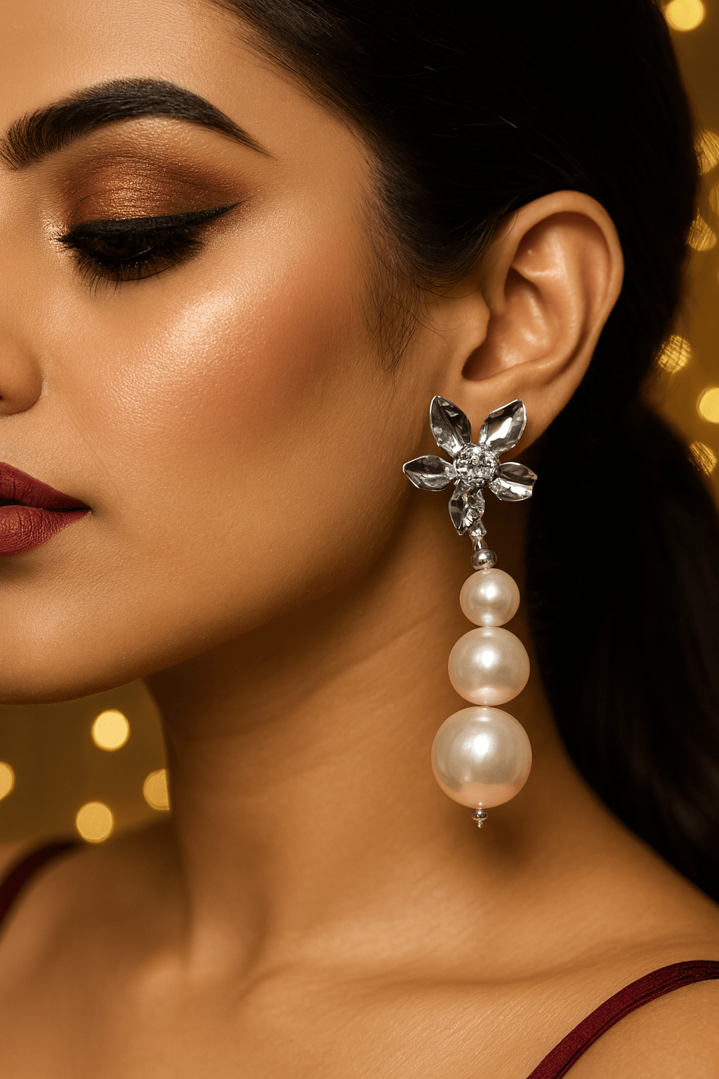 Silver Crystal Flower & Pearl Dangle Earrings – Elegant Anti - Tarnish Wedding Jewelry - Maxiblink