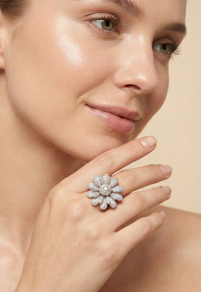Silver Daisy Textured Adjustable Ring - Maxiblink