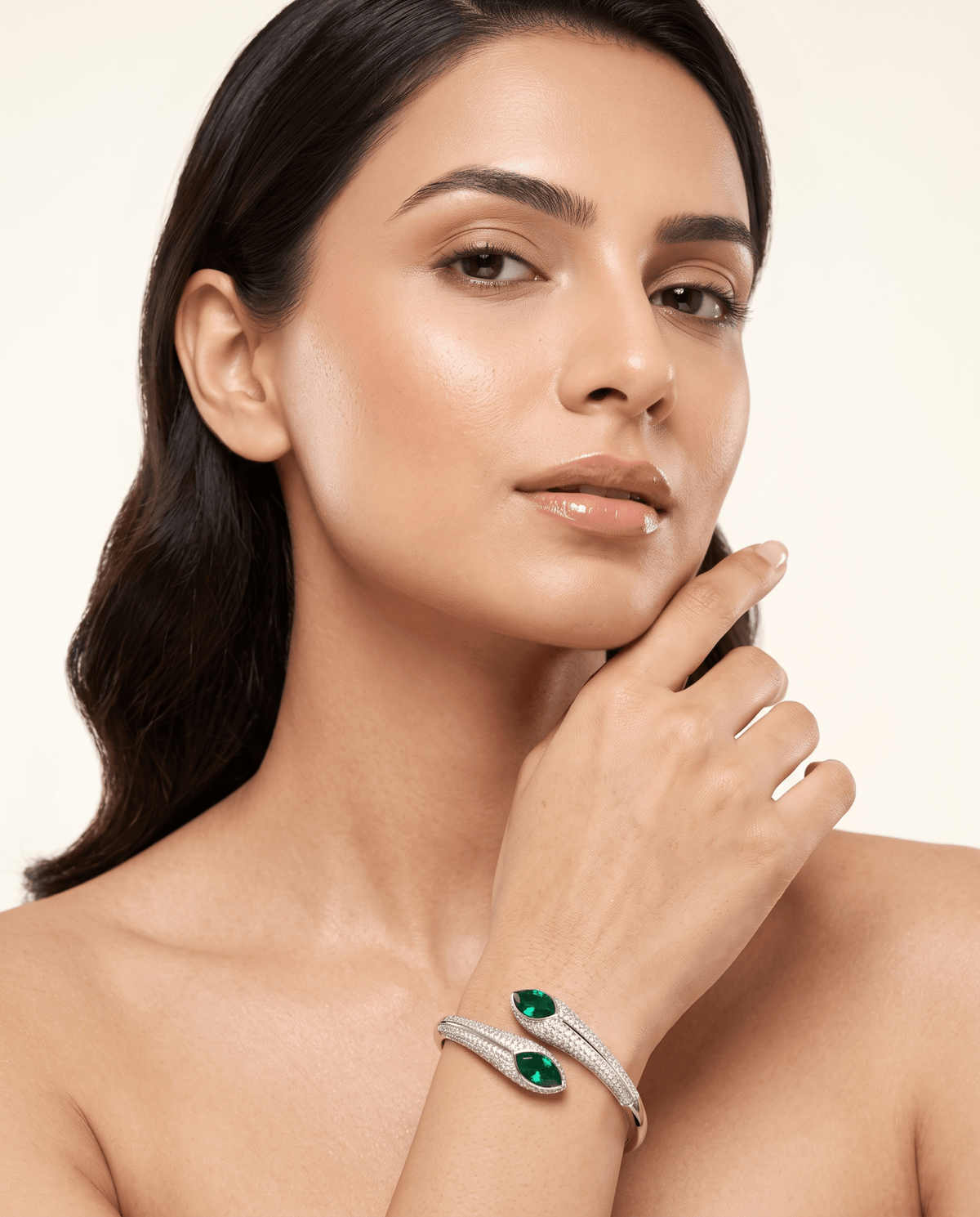 Silver Emerald Marquise Pave Open Bangle - Maxiblink
