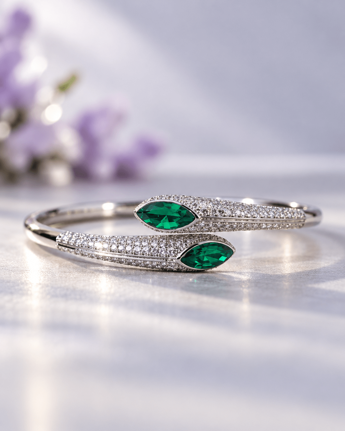 Silver Emerald Marquise Pave Open Bangle - Maxiblink